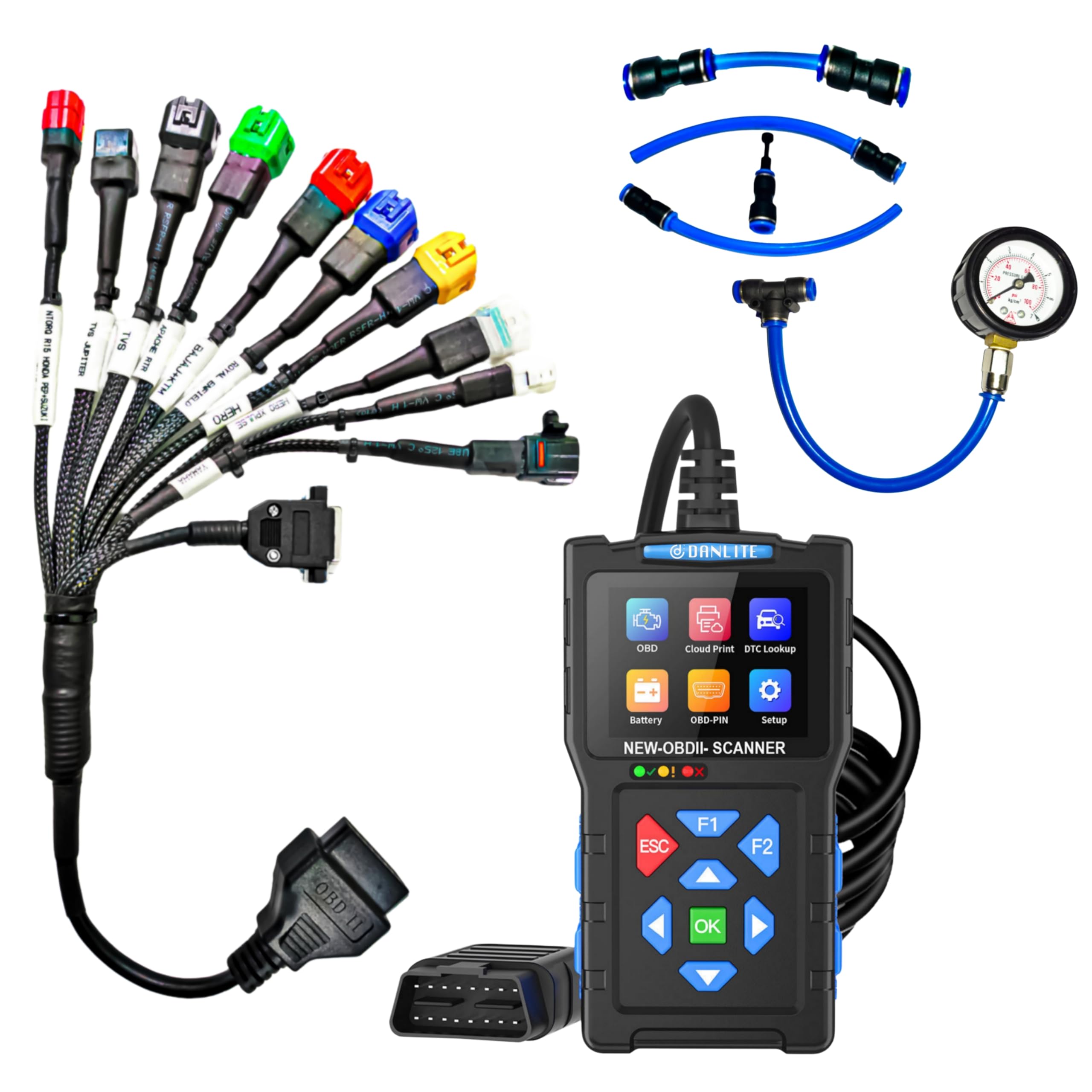 DANLITE TOOLS TECHNICIANV317 obd2 Scanner for Bike bs6 + 11 Coupler Cable + Fuel Pressure Gage