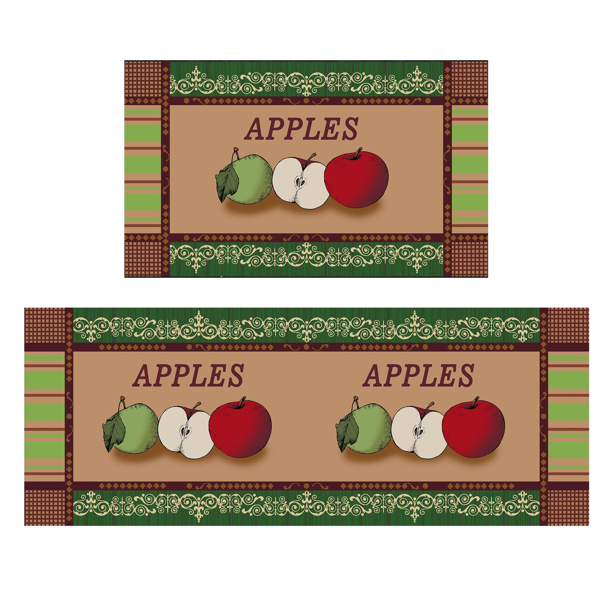 Ksoemar Apple Kitchen Rugs 2 Piece Set for Floor Mat, Non Skid Washable Absorbent Microfiber Apple Kitchen Mat for in Front of Sink for Standing for