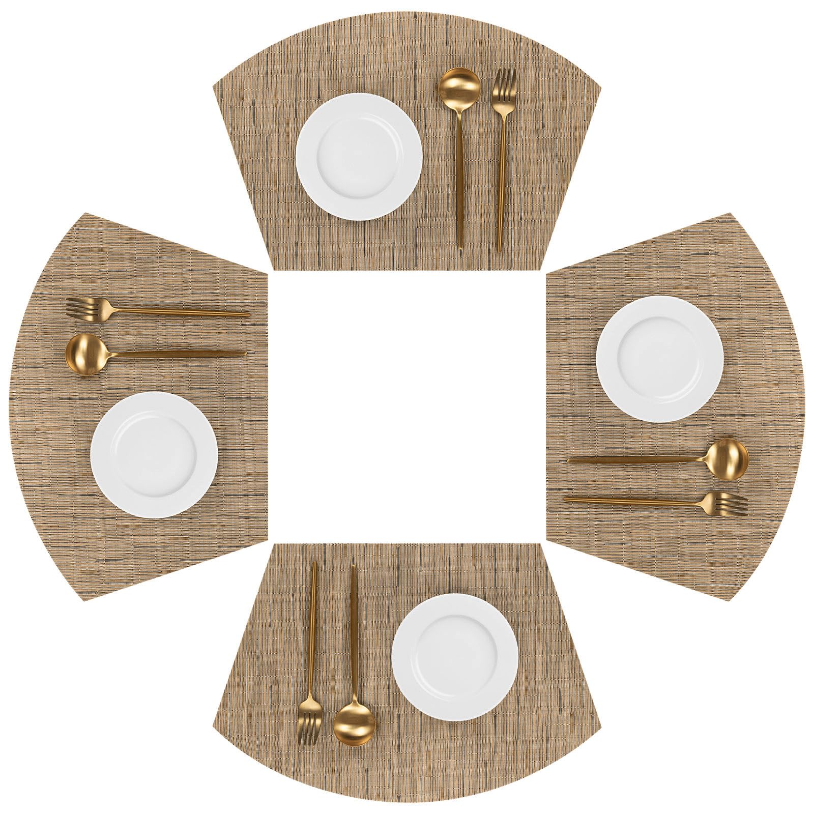 SHACOS Round Table Placemats Set of 4 Wedge Shape Curved Placemat Woven Vinyl Place Mats Wipe Clean Dining Table Mats Home Table Decor (4, Tan)