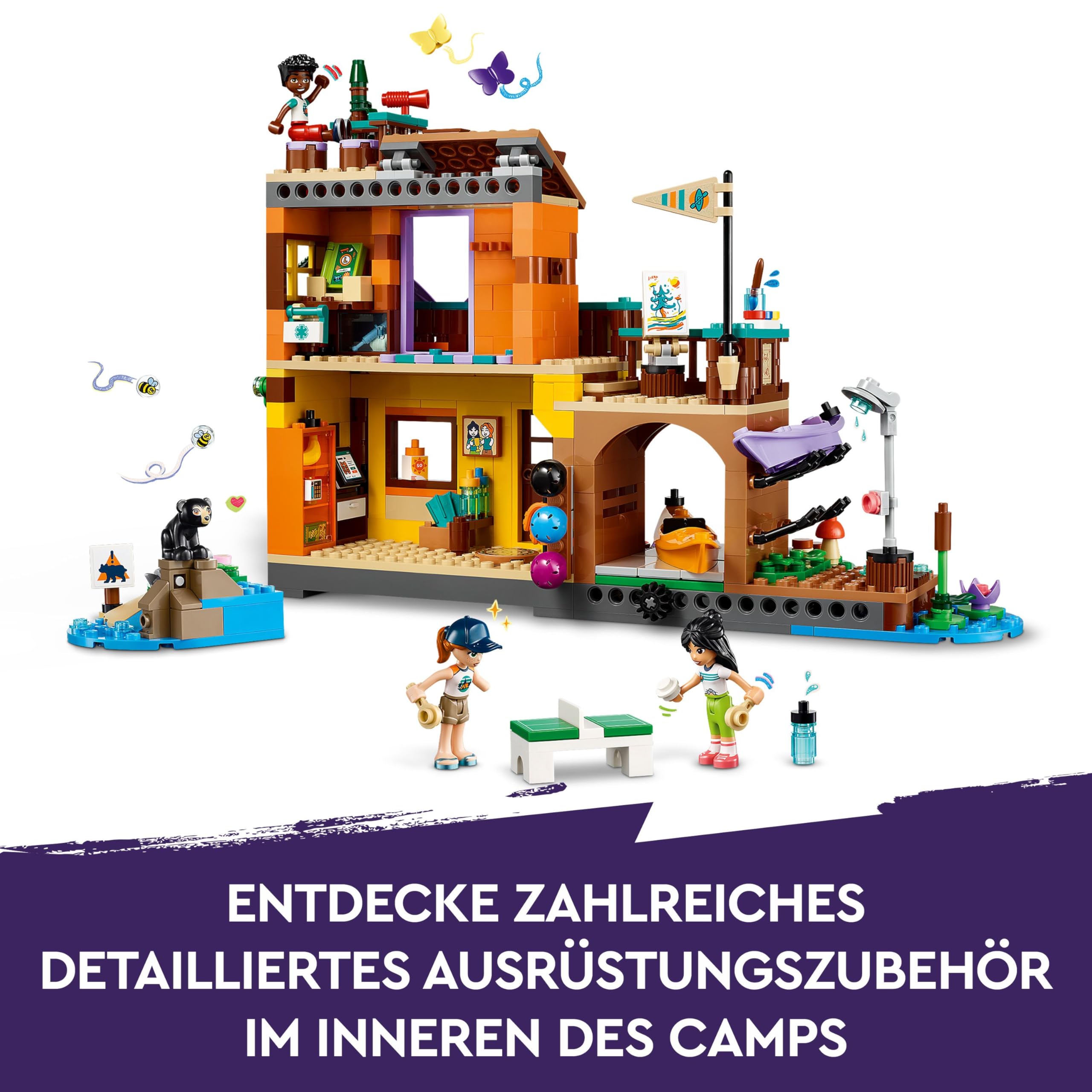 LEGO Friends Abenteuercamp mit Kayak, Bauspielzeug für Rollenspiele, Geschenkidee für Mädchen und Jungen ab 7 Jahren, Set mit 3 Spielfiguren und einem Bären, Camping-Spielzeug 42626