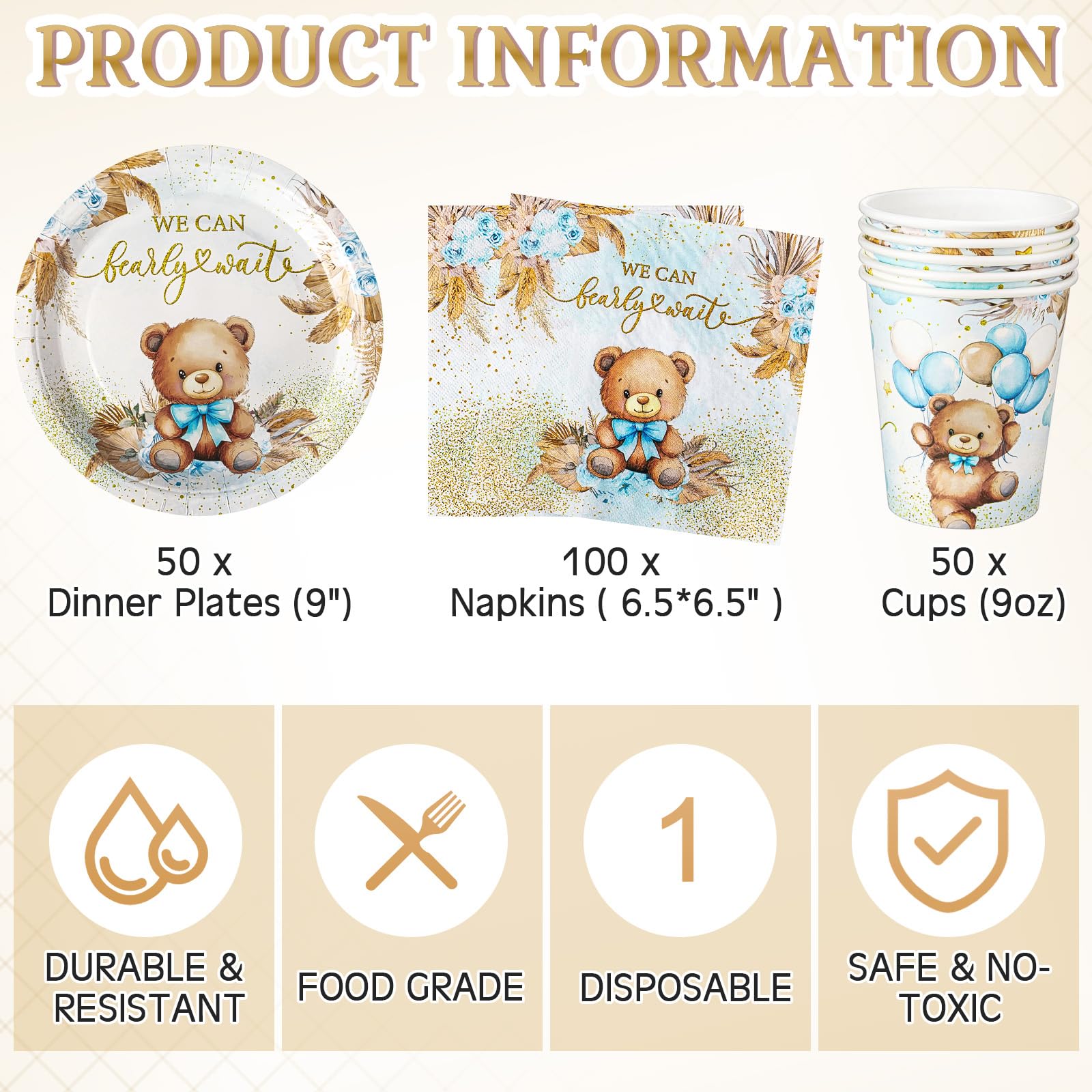 Ziliny Lot de 200 décorations de fête prénatale en forme d'ours bleu « We Can Bearly Wait » - Assiettes en papier, serviettes, tasses, fournitures de bibliothèque, lecture, club, décoration de table
