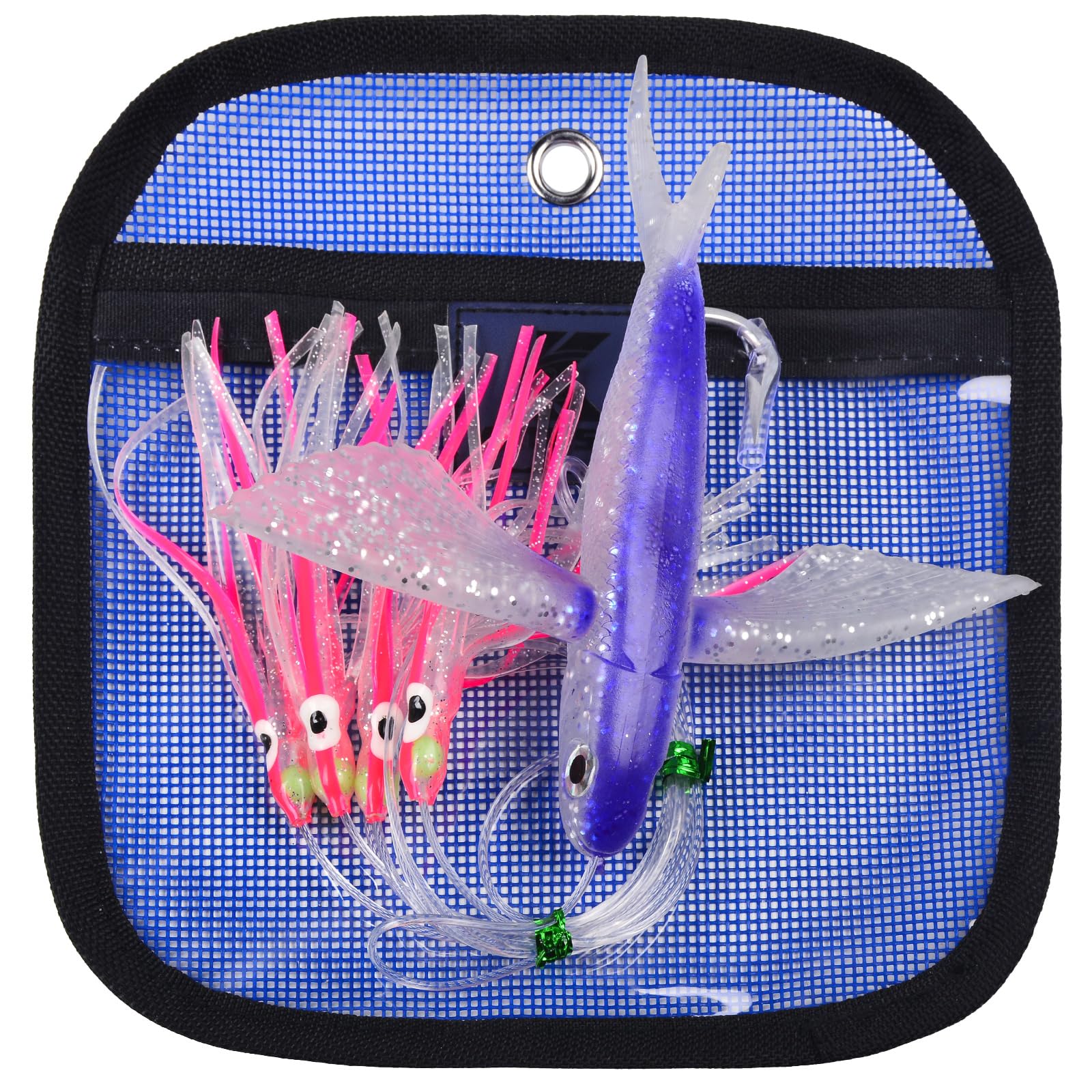 Daisy Chain Teaser Schleppköder – Fliegender Fisch, Teaser, Großspiel, Salzwasser, Offshore, Thunfisch, Mahi, Wahoo, voll Rigged Squid Teaser, Trolling, Angelköder mit Netztasche