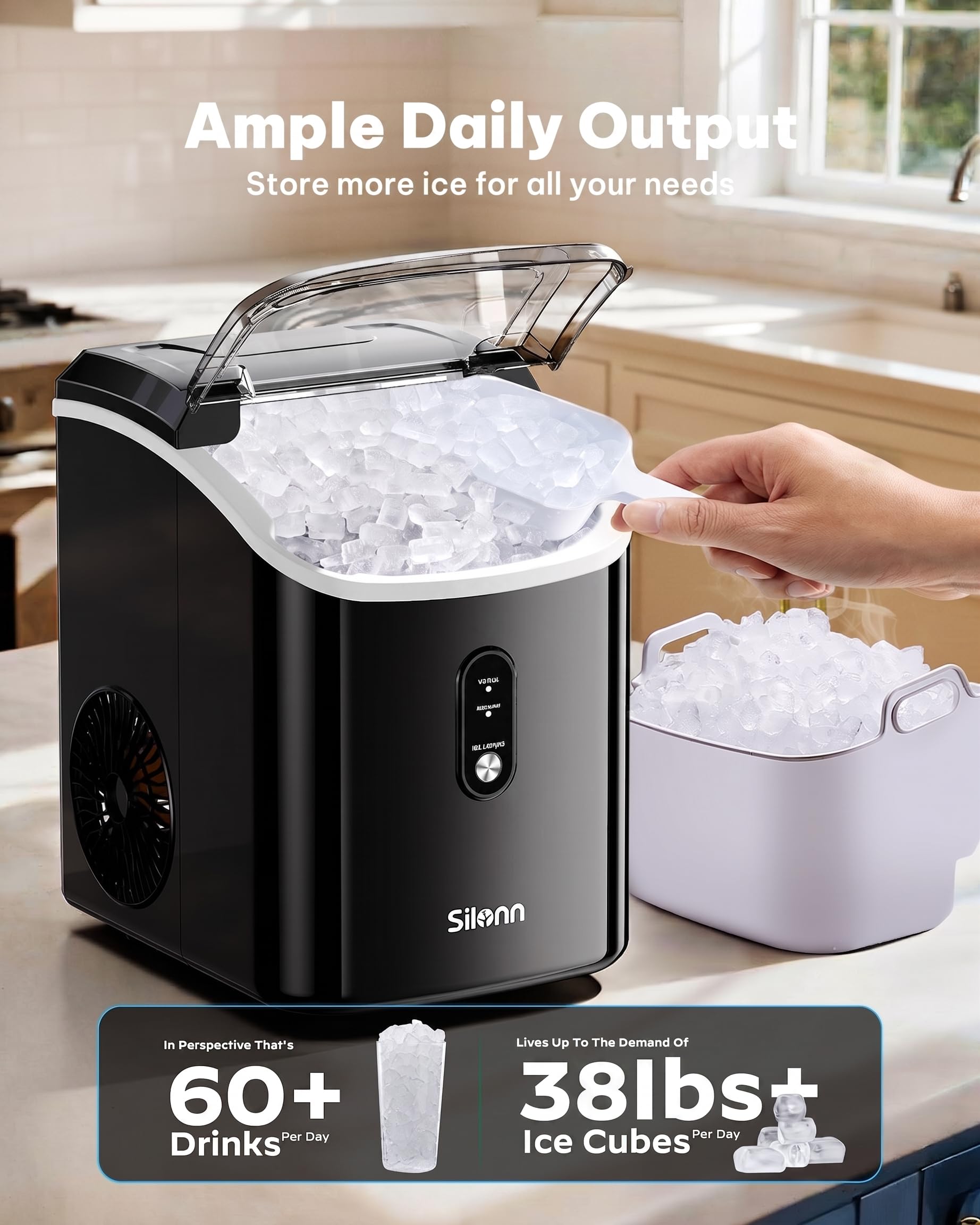Silonn Nugget Ice Makers Countertop, 38lbs/24h Chewable Pellet Ice Machine With Self Cleaning Function, Portable Pebble Ice Maker With Ice Scoop For Home Kitchen Office, Black on Fridge.com - View 3