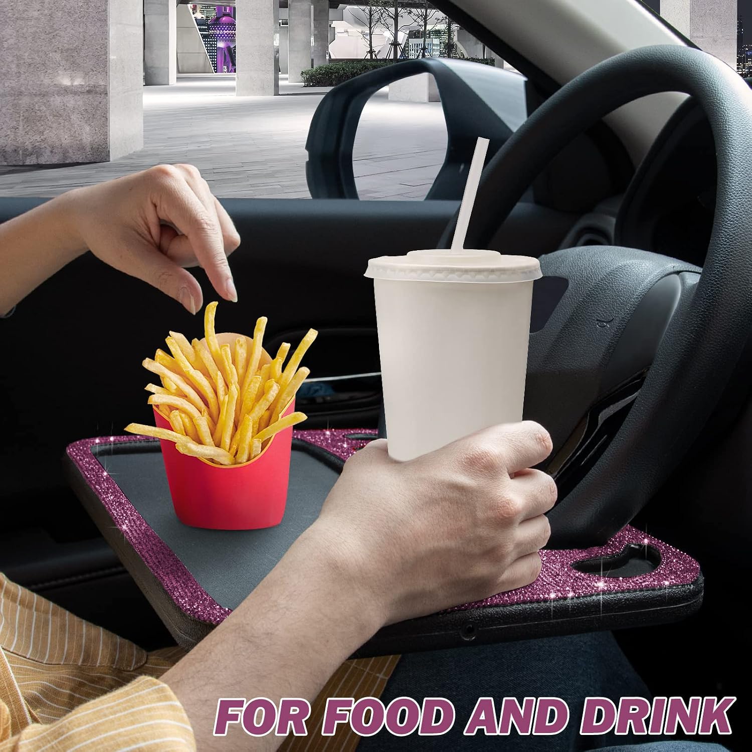 eing Bling Auto Steering Wheel Desk, Laptop,Tablet, Notebook Car Travel Table, Food Eating Hook On Steering Wheel Tray, for Constant Travelers, Fits Most Vehicles Steering Wheels,Purple image 4