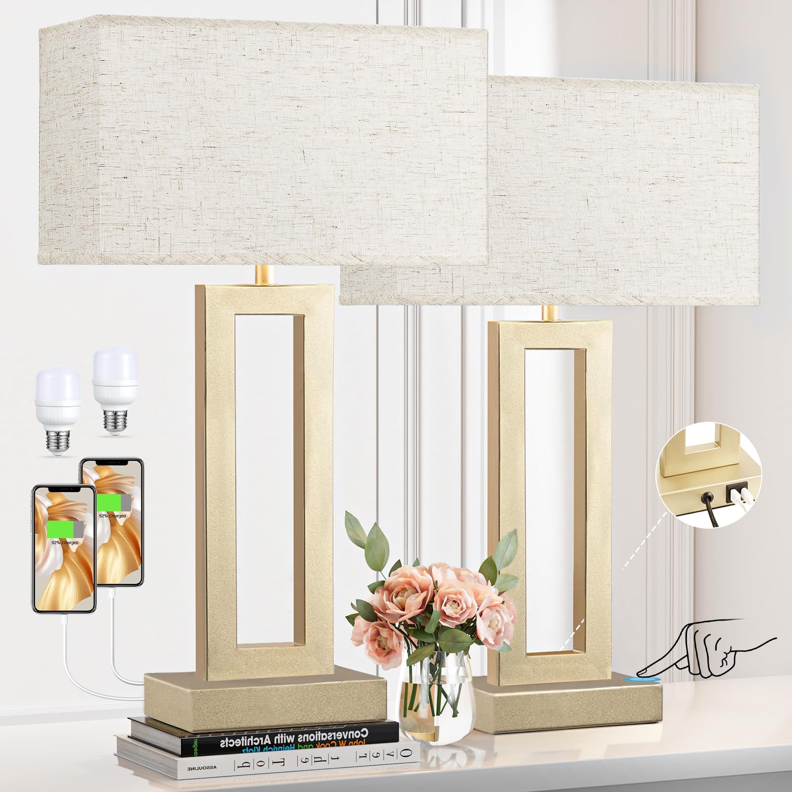22" Tall Bedroom Lamps for Living Room - Touch Gold Bedside Lamps with USB C+A, 3 Way Dimmable Lamp for Nightstand, Modern Night Stands Lamps for End Tables(Beige&Gold)