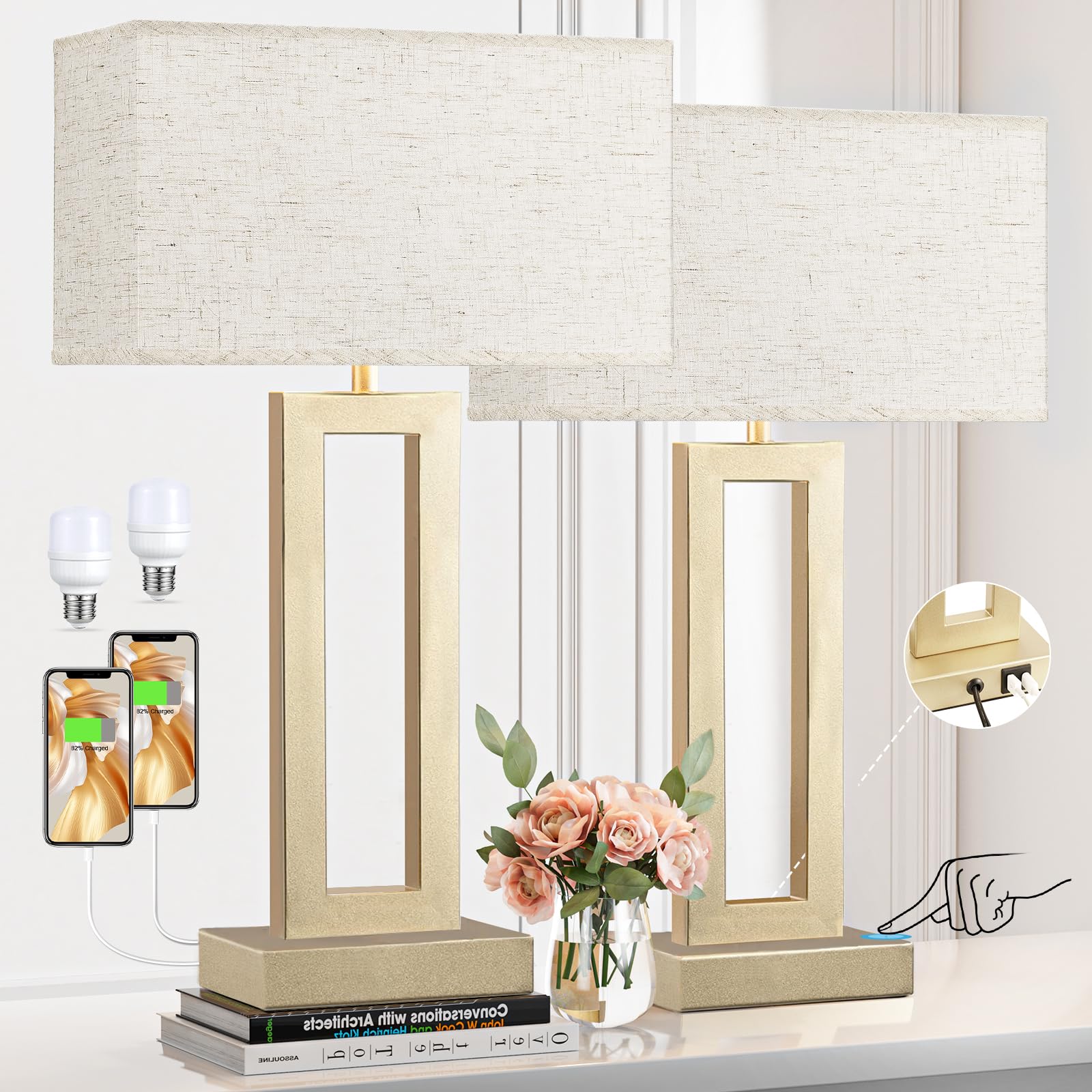 Seealle 22" Tall Bedroom Lamps for Living Room - Touch Gold Bedside Lamps with USB C+A, 3 Way Dimmable Lamp for Nightstand, Modern Night Stands Lamps for End Tables(Beige&Gold)