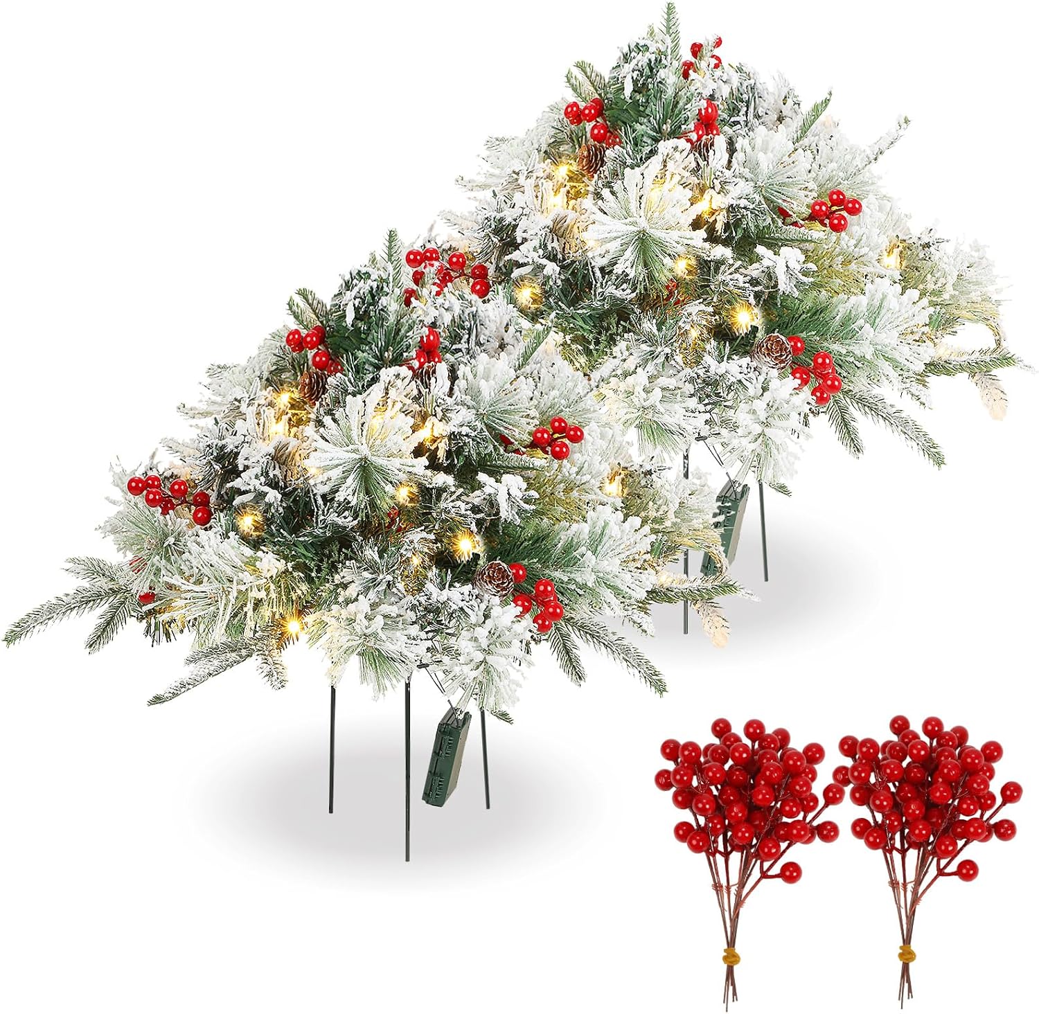 2 Pcs 22 Inch Christmas Tree Frosted Urn Filler Outdoor Planter Pots Filler Prelit Xmas Pine Trees with Cones and Red Berries 50 Warm White LED with 8 Light Modes and Timer for Yard(Snow Version)