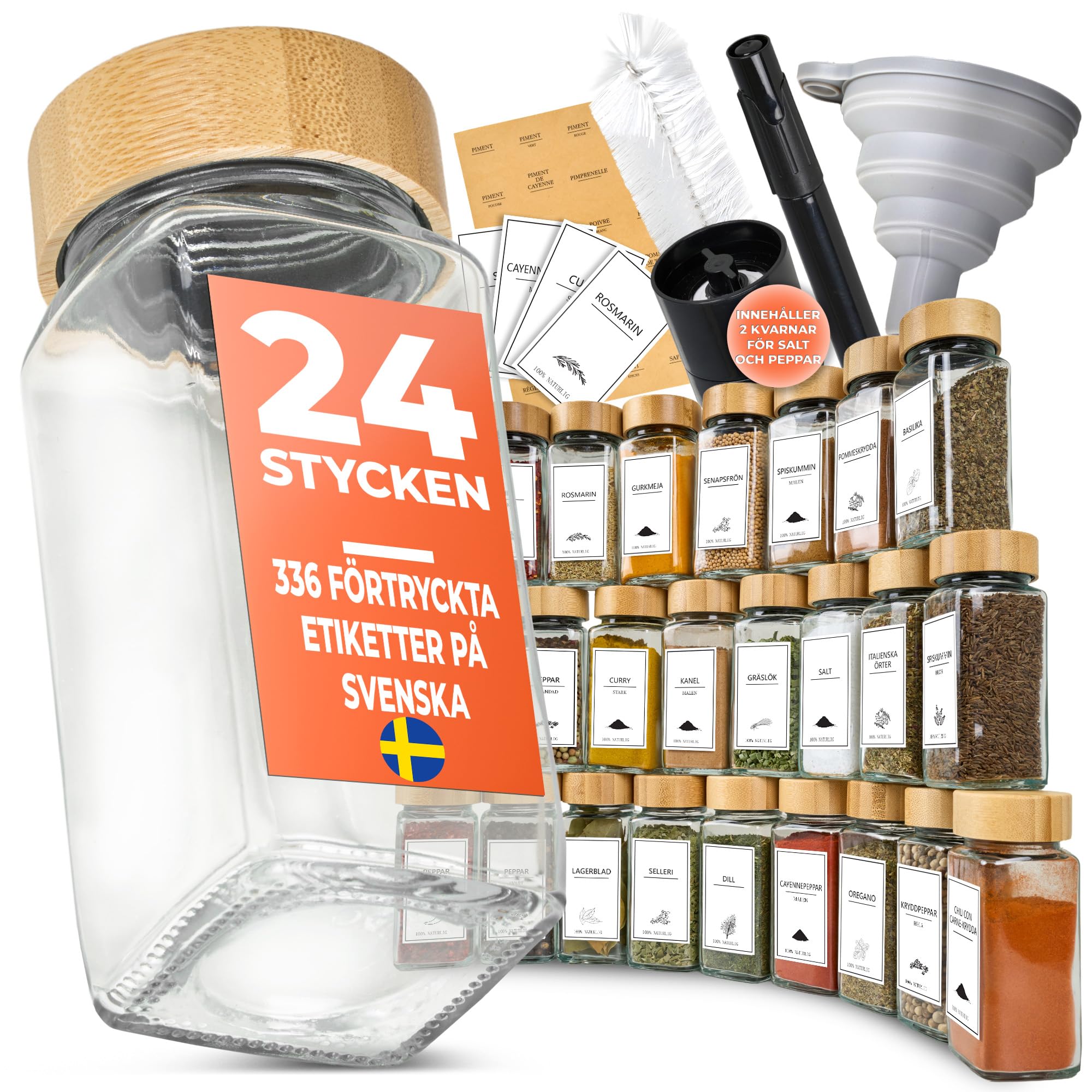 Comforder Lot de 24 pots à épices 336 étiquettes suédoises, 120ml