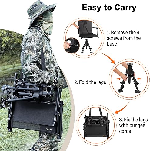 Miniatura 7 de Kalkal Silla de caza con soporte de tiro, silla giratoria silenciosa de 360 grados, silla ciega de caza, 4 patas de altura ajustable, asientos de