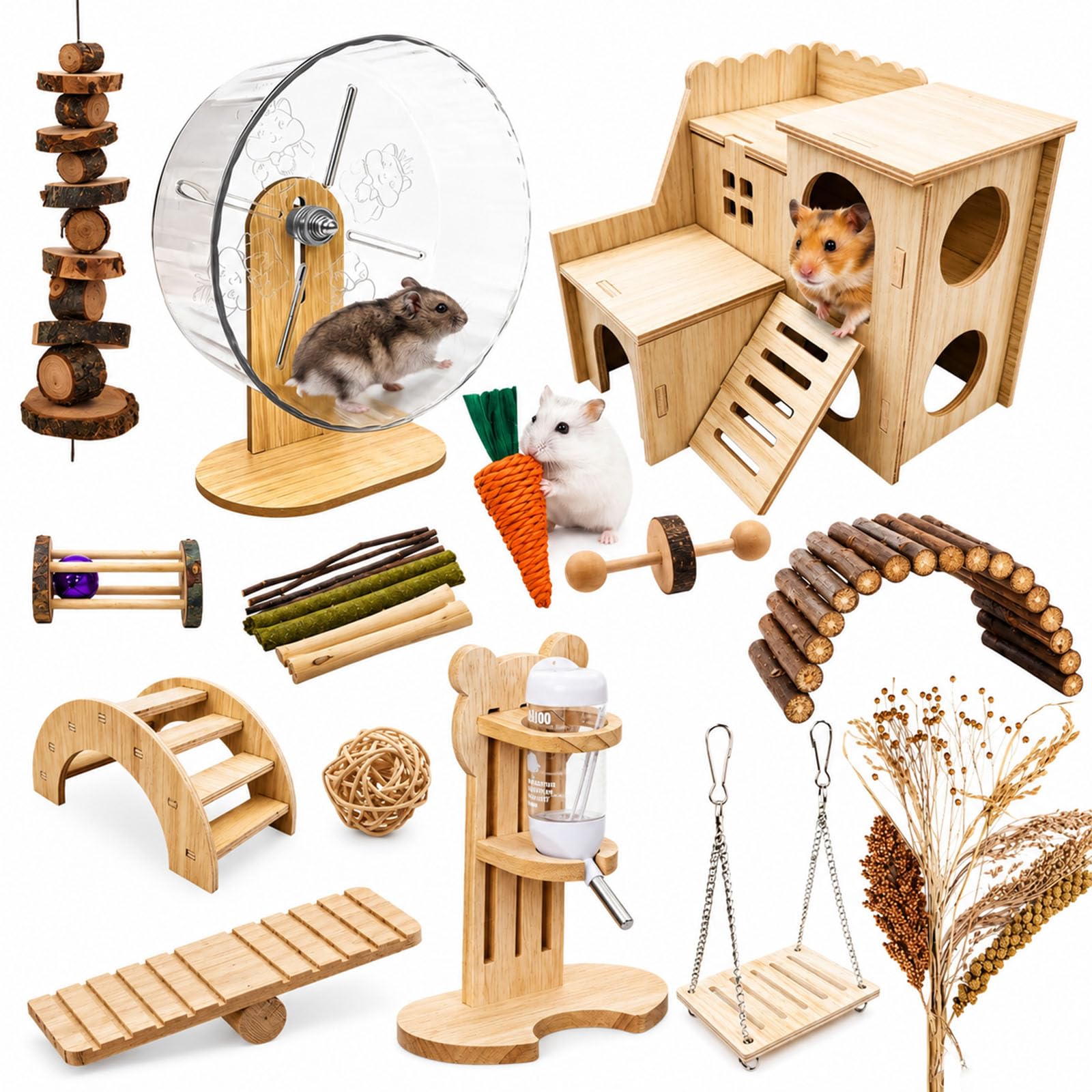 Juego de 26 accesorios para jaula de hámster, juguetes de cobayas, rueda silenciosa para hámster, juguetes para masticar ratas, casa de madera y botella de agua para cobayas, chinchillas, jerbos