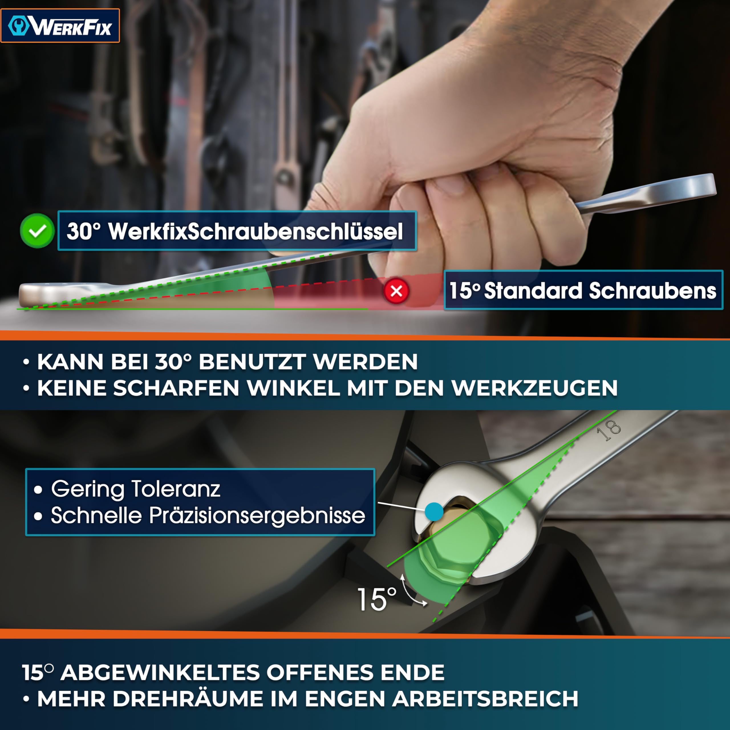 WerkFix Ring-Maulschlüsselsatz 25-tlg. 6–32 mm | CrV-Stahl Schraubenschlüssel Set KFZ Werkstatt | Gabelschlüssel mattiert & laser-markiert | Profi Schraubenschlüssel Set mit Rolltasche