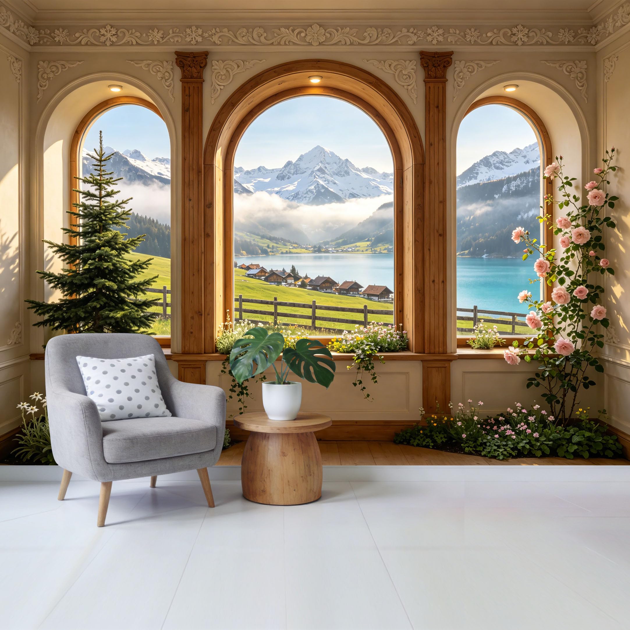 Removable Self Adhesive Fabric Mural， 3D Trompe L'Oeil Alpine Mountain Lake Custom Size Wall Covering， UV Protected Waterproof Washable Wall Decor for Living Room Bedroom Bathroom