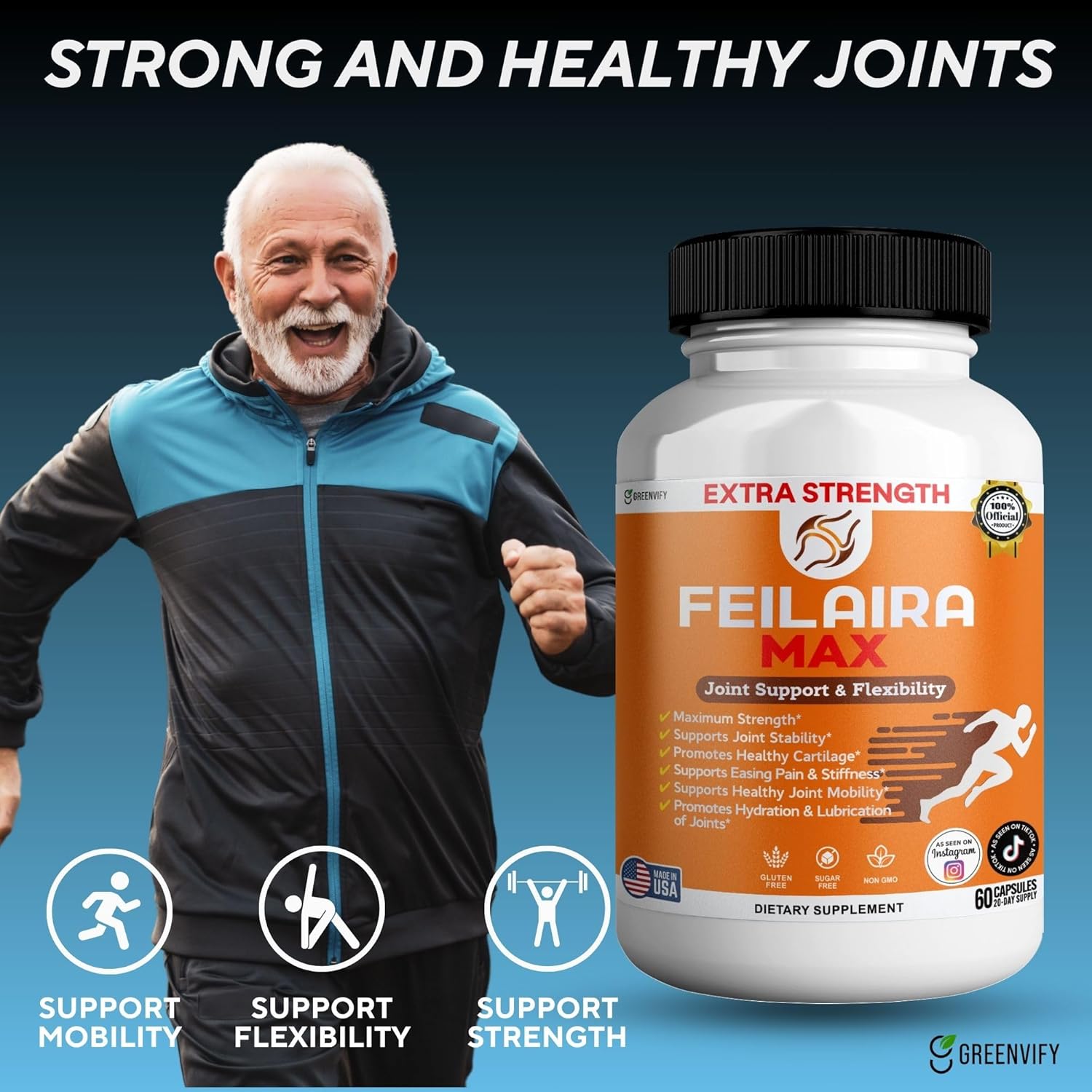 Feilaira Max Extra Strength Joint Support Supplement, 1500mg Glucosamine, 60 Capsules, 20 Day Supply (3)