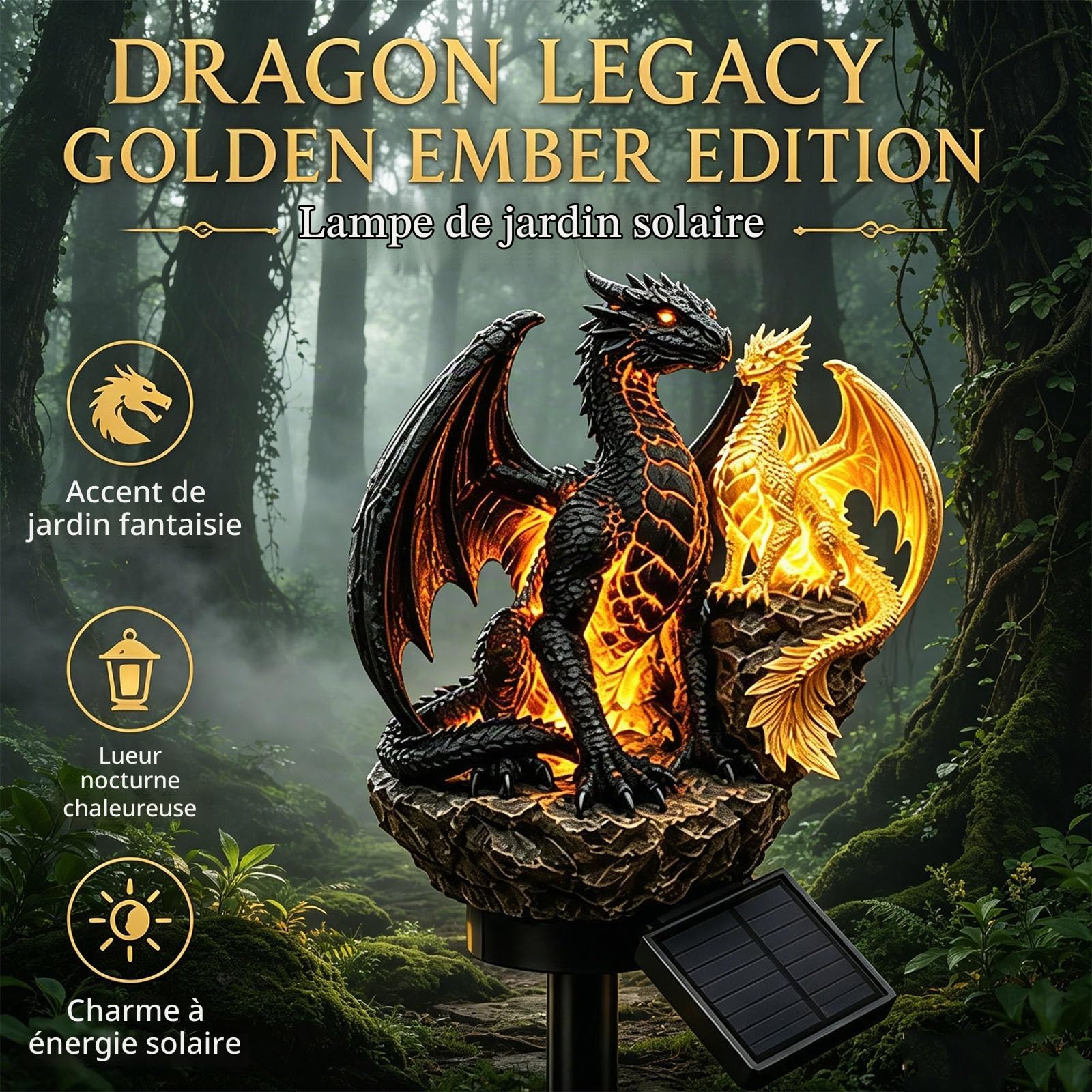 Dragon Legacy Golden Ember Edition Lampe solaire de jardin en forme de dragon, lampe solaire en forme de braise dorée, lampe figurine de statue jardin de dragons,gothique médiévale fantastique (1pc)