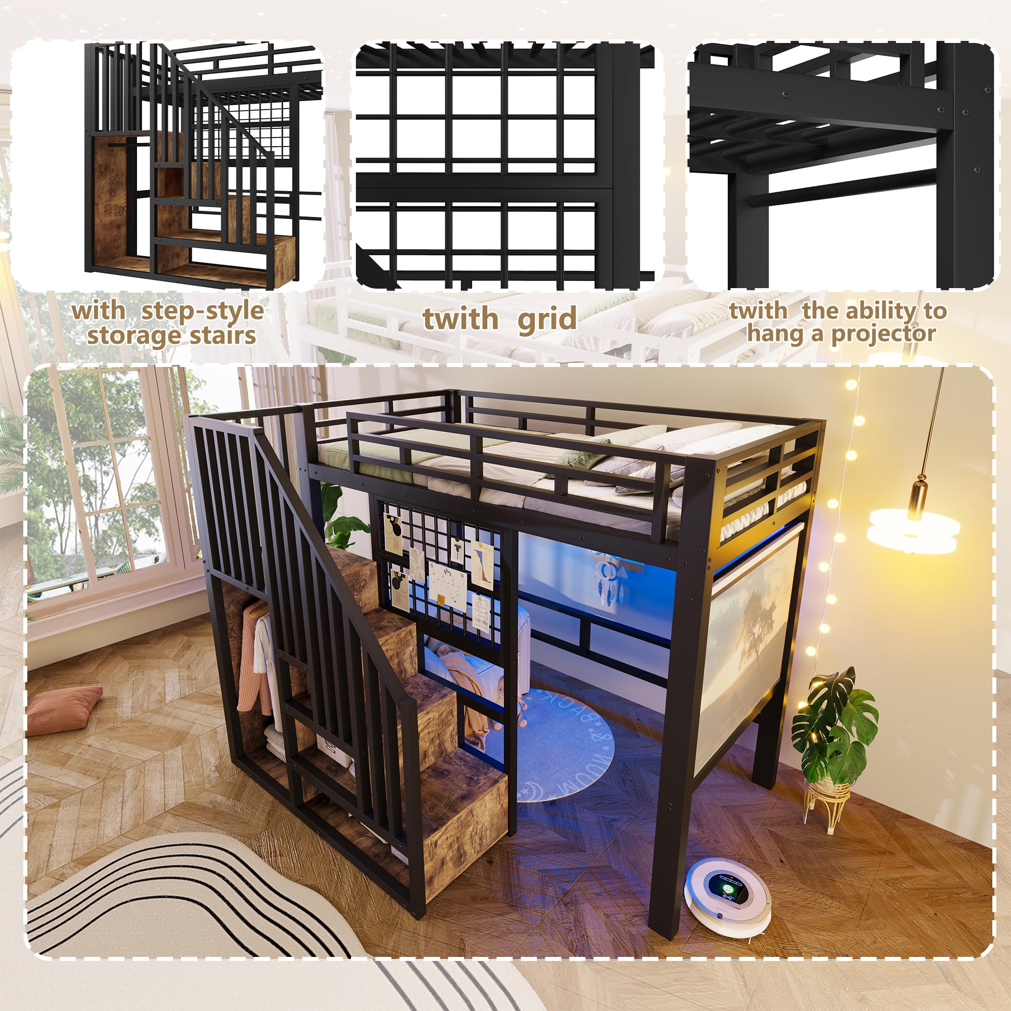 Cama alta de 90 x 200 cm con escalera de almacenamiento, cama de hierro con barandilla, cama alta para niños con luz LED, con proyector, sin colchón, color negro