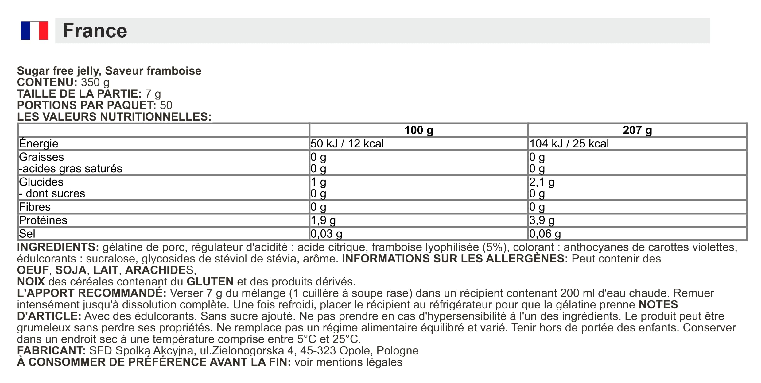 ALLNUTRITION Delicious Line Sugar Free Jelly - Dessert Hypocalorique - Collation sans Gras - Seulement 25 kcal par Portion - Cuisson Adaptée - 1 Paquet x 350 g - Raspberry
