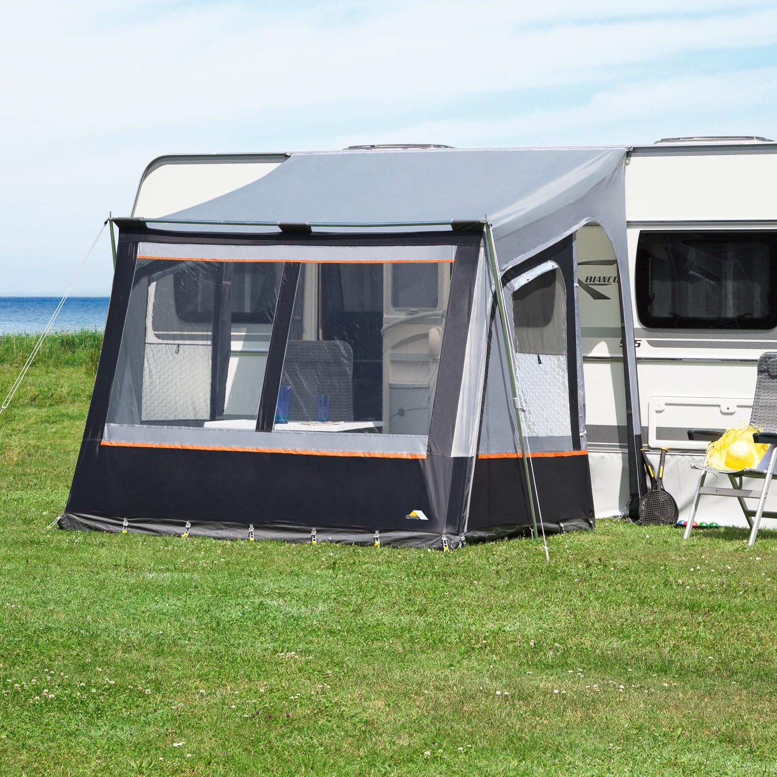 DWT Wohnwagen Vorzelt Fortuna II - 250 x 280 cm - Reisezelt grau mit Abspannmaterial und Tragetasche
