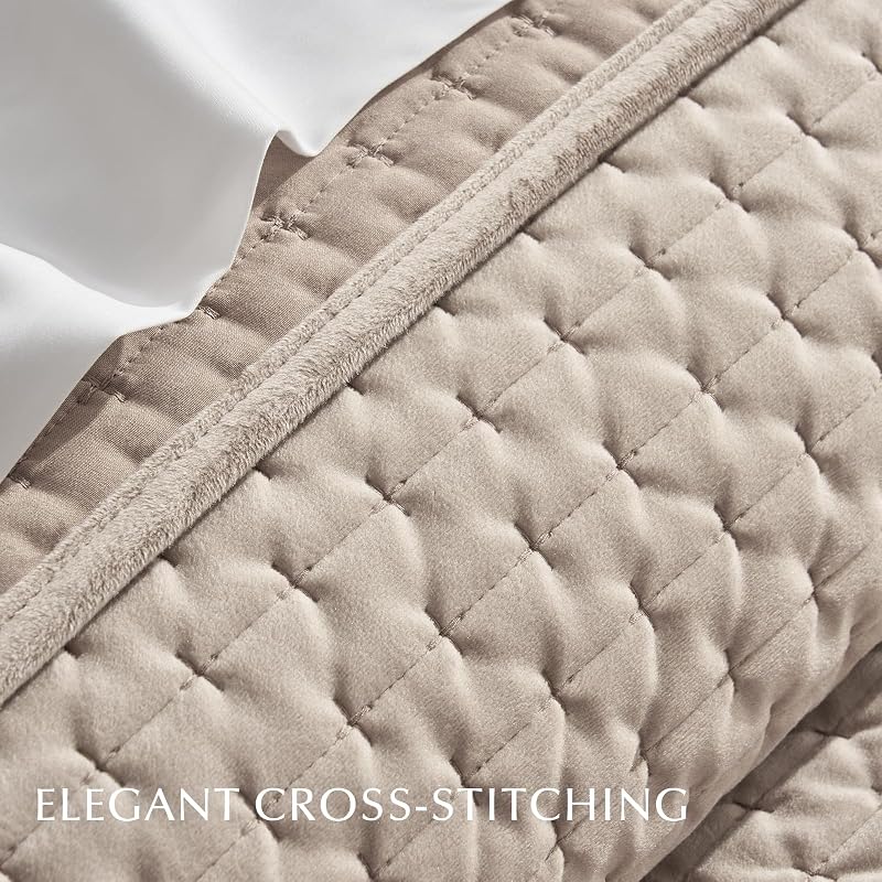 EverGrace Cross-Stitch Velvet Quilt Set, King Size, Light Taupe image 4