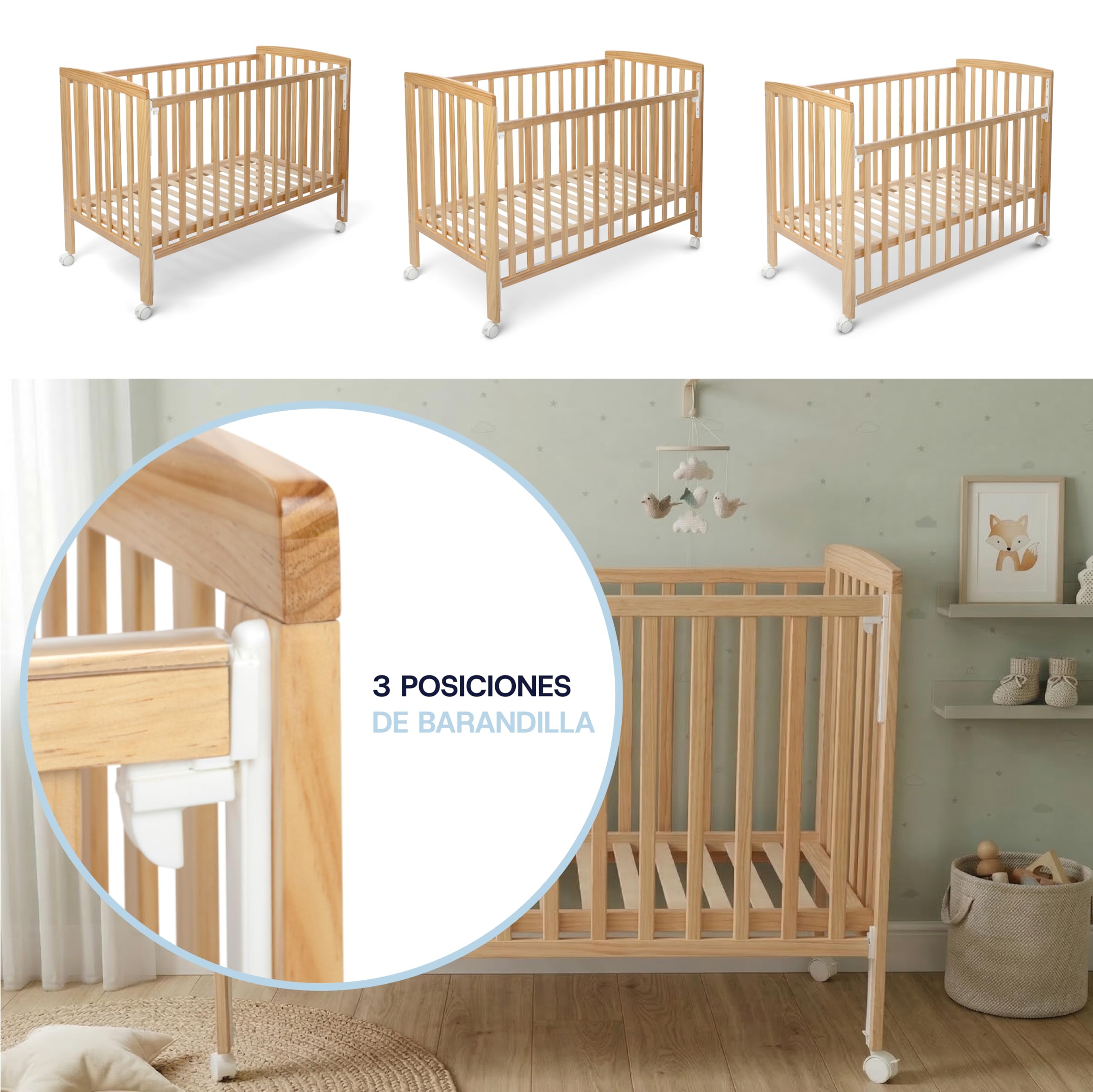 TORAL Cuna Bebe Madera Natural - Cuna Colecho Bebe Modelo Verona - Varias Posiciones Lateral Deslizante y 5 Posiciones Somier - con Ruedas de Seguridad con Freno y Mordedor para Barandilla.