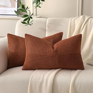 Rust Lumbar Throw Pillow Covers 12x24 inch,Pack of 2 Soft Corduroy Cushion Covers with Patchwork Textured,Farmhouse Fall Home Decor,Boho Decorative Rectangle Cushion Case for Couch Sofa
