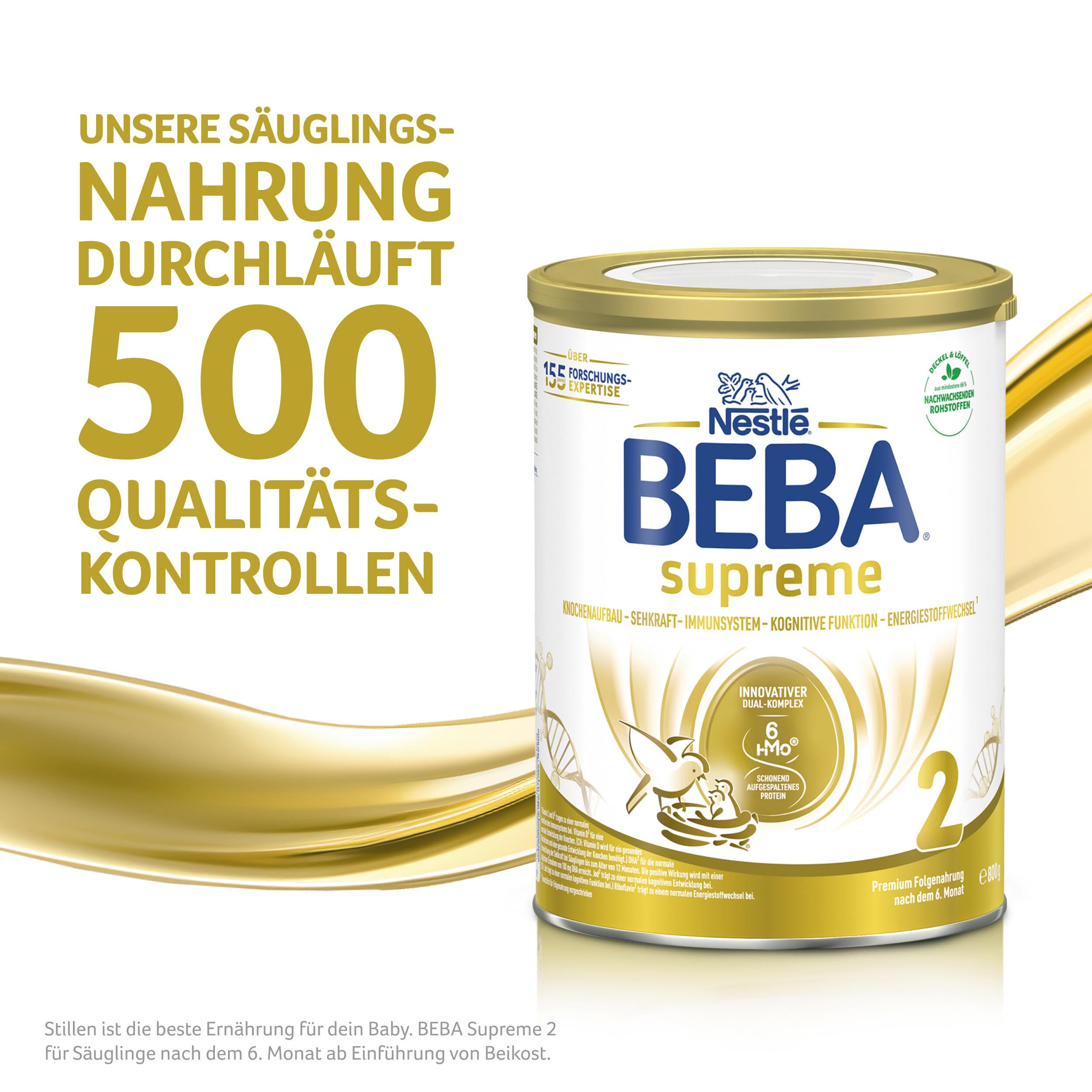 BEBA SUPREME 2 - Folgemilch nach dem 6. Monat, Mit 6 HMO Komplex, Patentiertes Produkt, Nur Laktose, Ohne Palmöl, Ohne Fischöl, Babynahrung, Baby-Milchpulver, 6er Pack (6 x 800g)