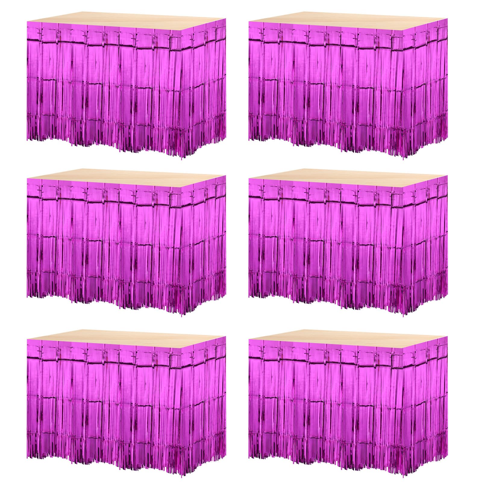 MECCANIXITY 6 Pcs 29x108 Inch Rose Red Metallic Foil Fringe Tinsel Table Skirts for Rectangle Tables Tinsel Backdrop Curtain for Wedding Birthday Party Decoration