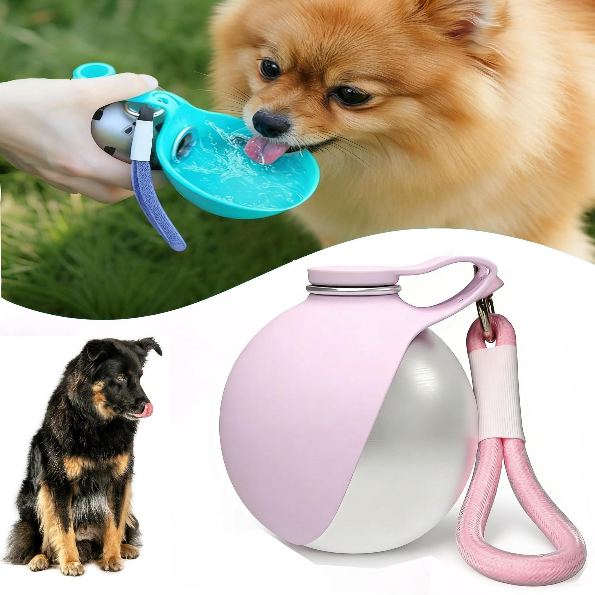 Dog Water Bottle, Portable Water Bottle (285ML) for Dogs and Cats, Anti-Drop Water Dispenser with Collapsible Silicone Bowl, Ideal for Outdoor Walks and Hiking (Pink)