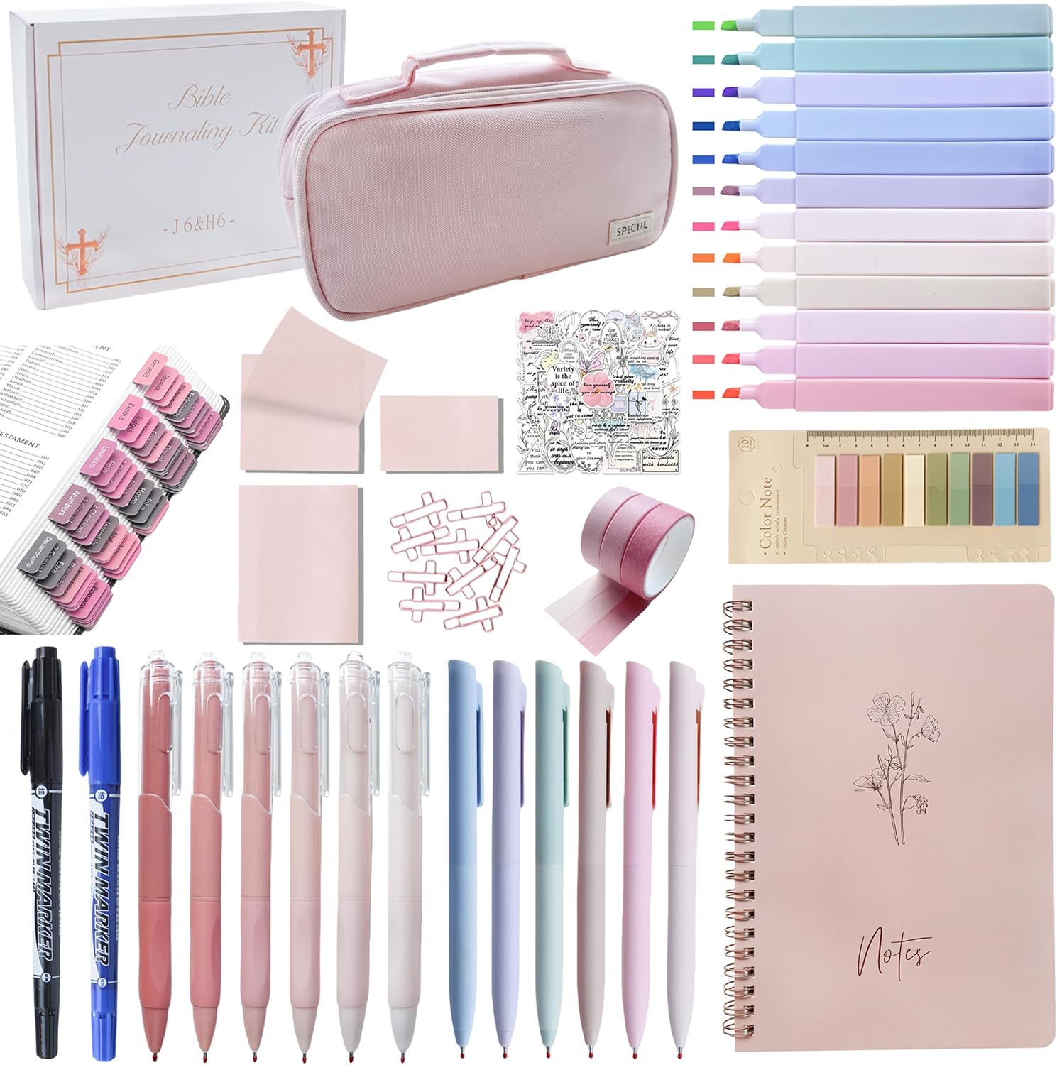 J6&H6 170Pcs Complete Bible Study Supplies Journaling Kit with Tabs, Highlighters and Color Pens, Notebook,Stickers & More Bible Accessories Set for Women, Beginner Christian Gifts(Pink)