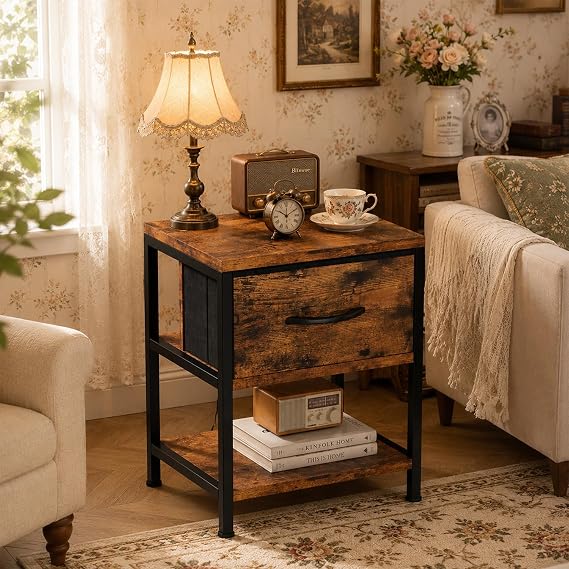 Feonase Slim Side Table with Charging Station, Narrow Bedside Table with Fabric Drawer & Storage, End Table for Living Room Bedroom Small Space, Rustic Brown, 40x30x50cm