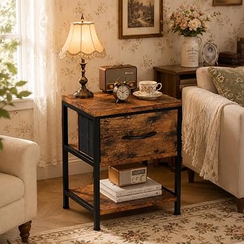 Feonase Slim Side Table with Charging Station, Narrow Bedside Table with Fabric Drawer & Storage, End Table for Living Room Bedroom Small Space, Rustic Brown, 40x30x50cm