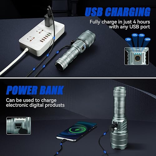 Miniatura 10 de Paquete de 2 linternas LED de 1000 lúmenes, linterna recargable tipo C, con zoom, impermeable, 3 modos, súper brillante, tamaño pequeño, de