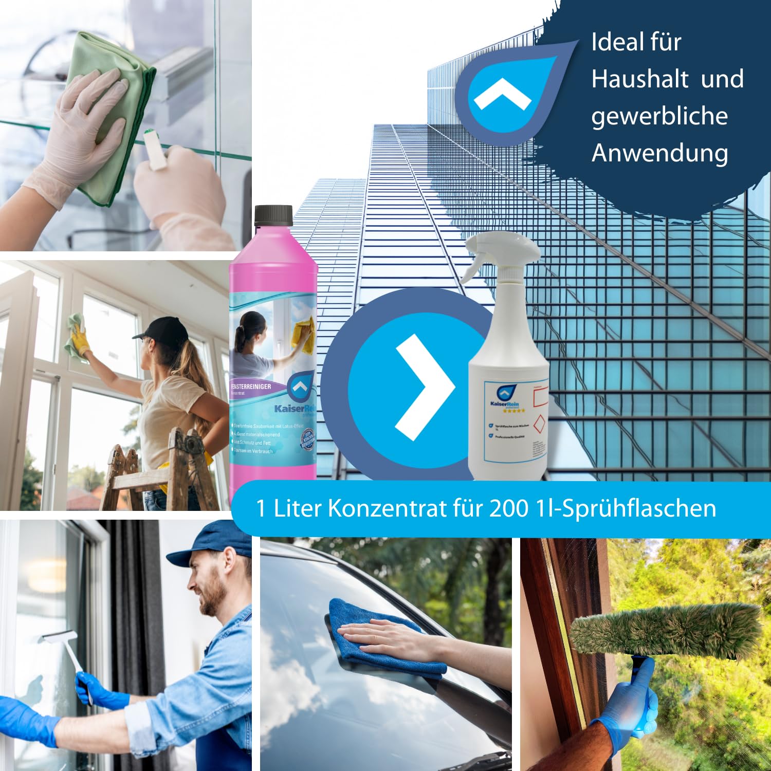 KaiserRein Fensterreiniger Konzentrat mit Lotuseffekt 10L - Professioneller Fensterreiniger für streifenfreien Glanz auf Glas, Fenstern und Spiegeln - Fenstersauger geeignet