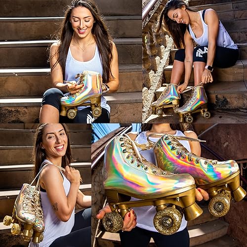 Miniatura 3 de JajaHoho Patines de ruedas para mujer, patines holográficos de piel sintética de alta calidad, patines brillantes de doble fila de cuatro ruedas