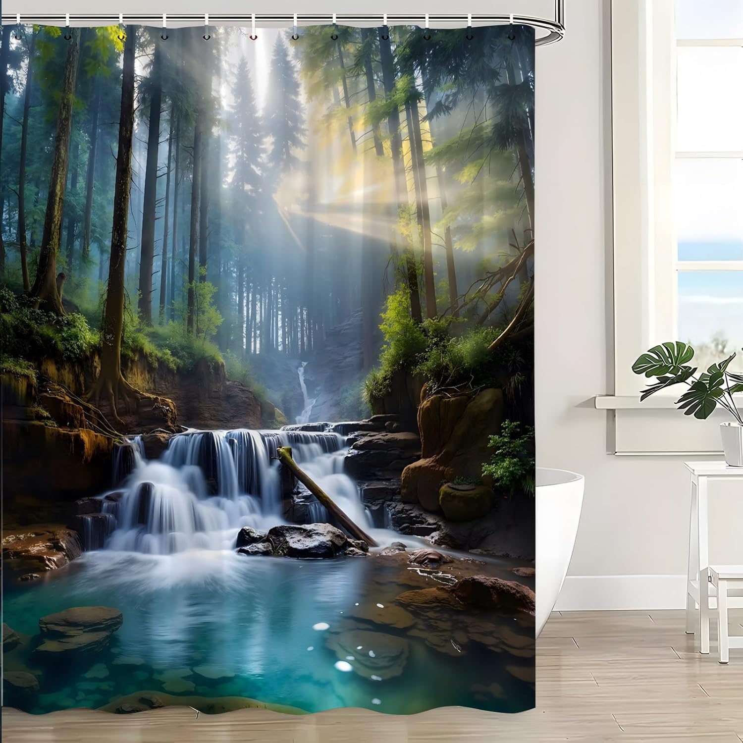Waterfall Shower Curtain Nature Forest Landscape Flowing Stream Green Trees Jungle Tropical Rainforest Scenery Bath Curtain with Hooks