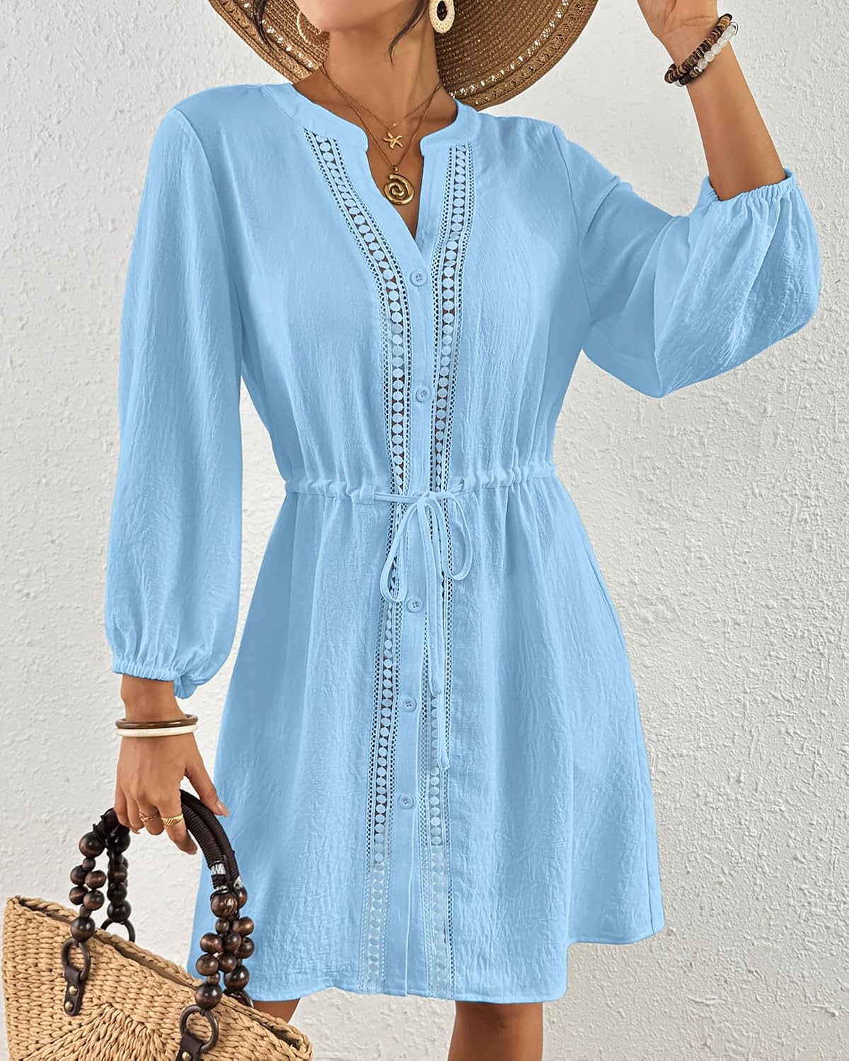 Bsubseach Swimsuit Coverup for Women V Neck Bathing Suit Cover Up with Pocket Drawstring Button Down Beach Shirt Dresses