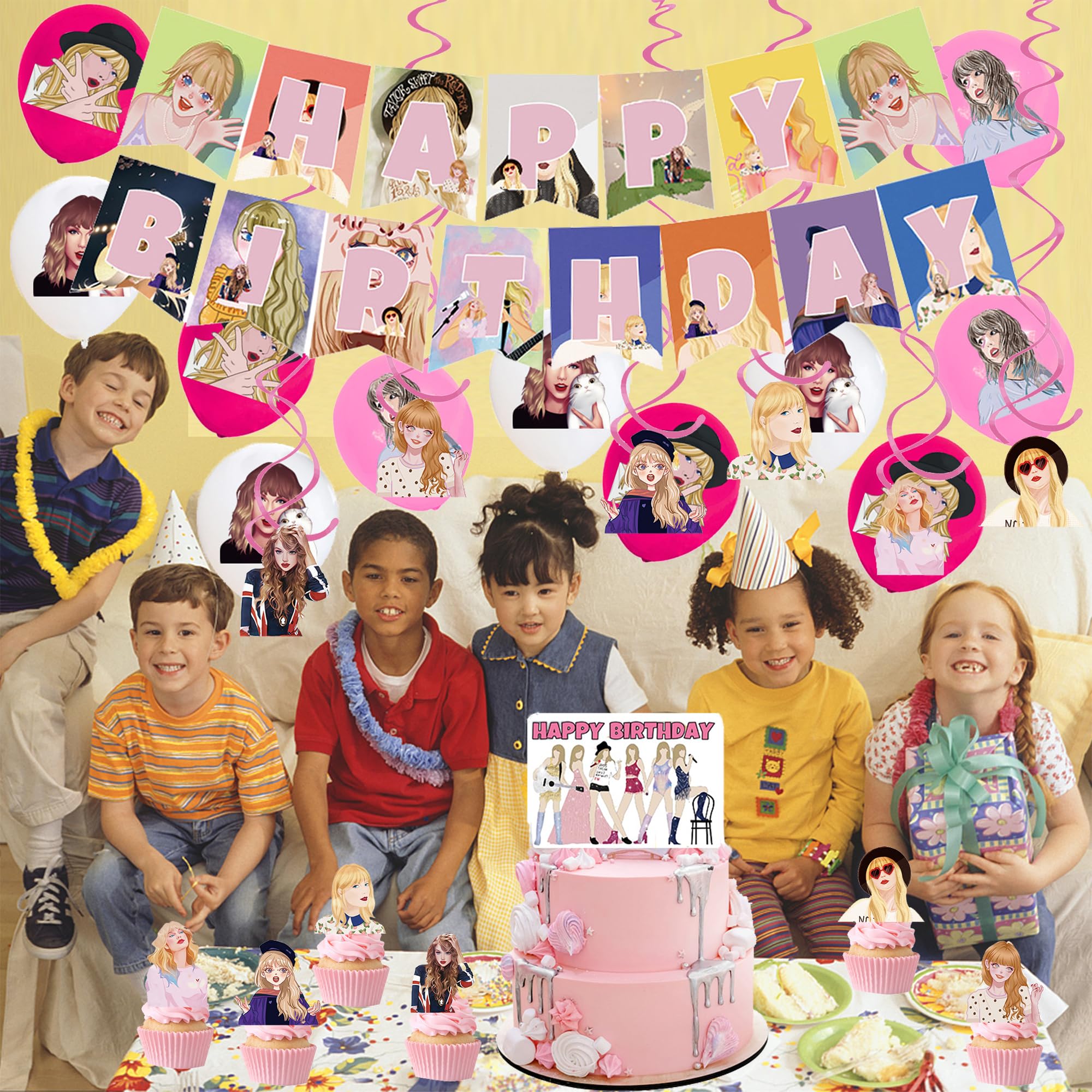 Kit De Décoration Anniversaire 47 Pièces - Bannière, Ballons, Décorations Gâteaux, Spirales à Suspendre - Pour Fête Maison/restaurant