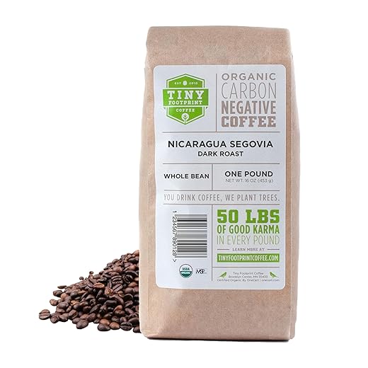 Tiny Footprint Coffee - Fair Trade Organic Nicaragua Segovia Dark Roast |Whole Bean Coffee | USDA Organic | Fair Trade Certified | Carbon Negative | 16 Ounce