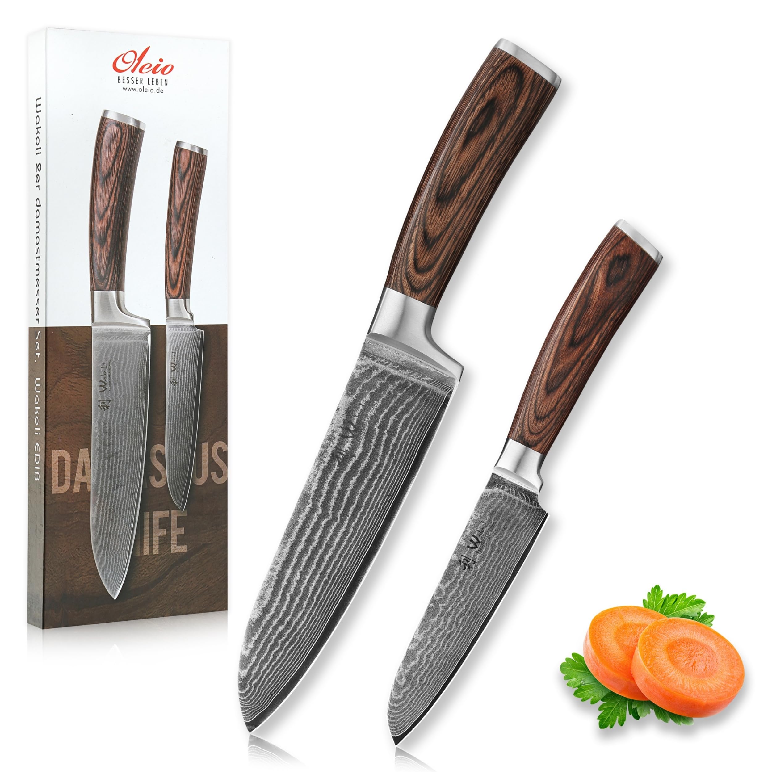 Wakoli EDIB 2-teiliges Küchenmesser Set aus echtem Damaststahl (VG10 Kern) in edler Geschenkbox – mit 2x Santoku Messer – Scharfe Damastmesser im Damastmesser Set mit ergonomischen Pakkaholzgriffen