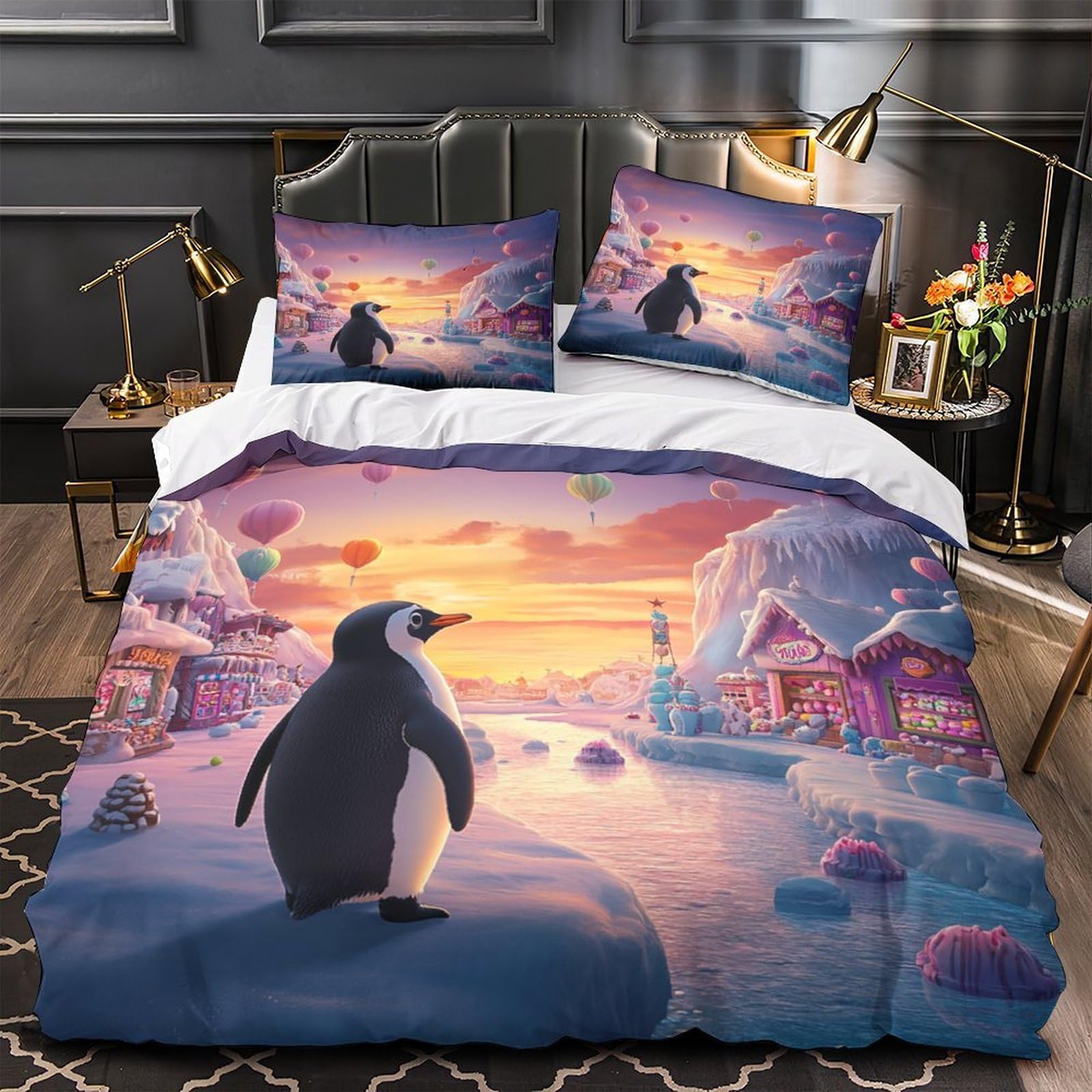 Village fantastique de dessin animé housse de couette pingouin pour des nuits douces et magiques