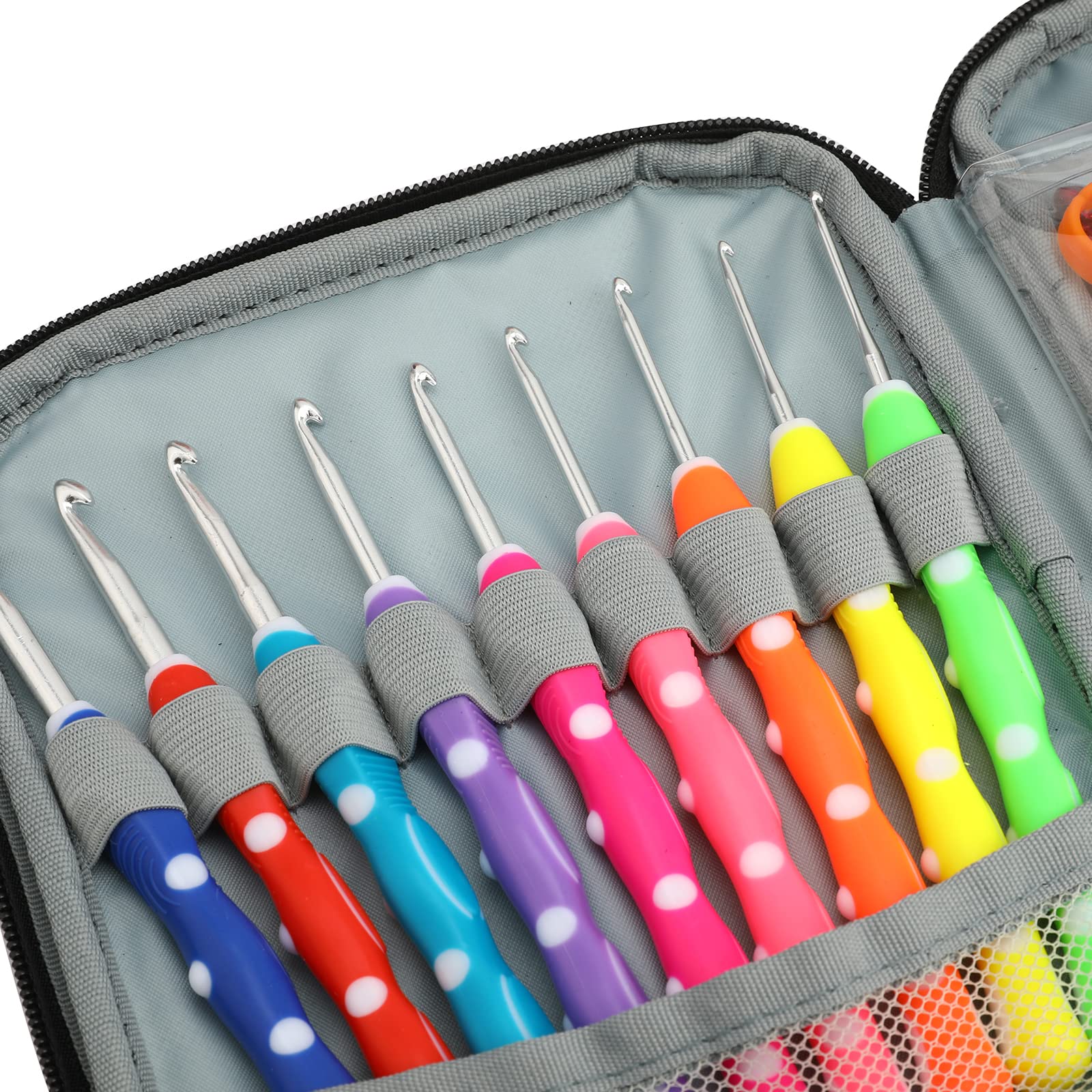 LOOEN Juego de agujas de ganchillo de aluminio de colores con estuche de almacenamiento, mango de goma, agarre cómodo, kit de manualidades para manualidades, 64 piezas
