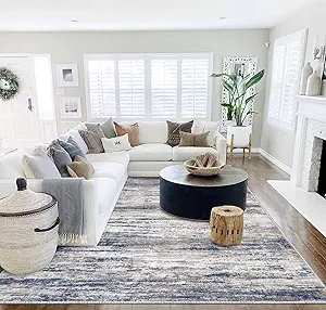 KOZYFLY Area Rugs 9x12 Living Room Modern Ombre Washable Thin Rug Large Rugs Non-Slip Soft Striped Rug for Bedroom, Print Distressed Grey-Blue Abstract Carpet for Laundry/Kid Room