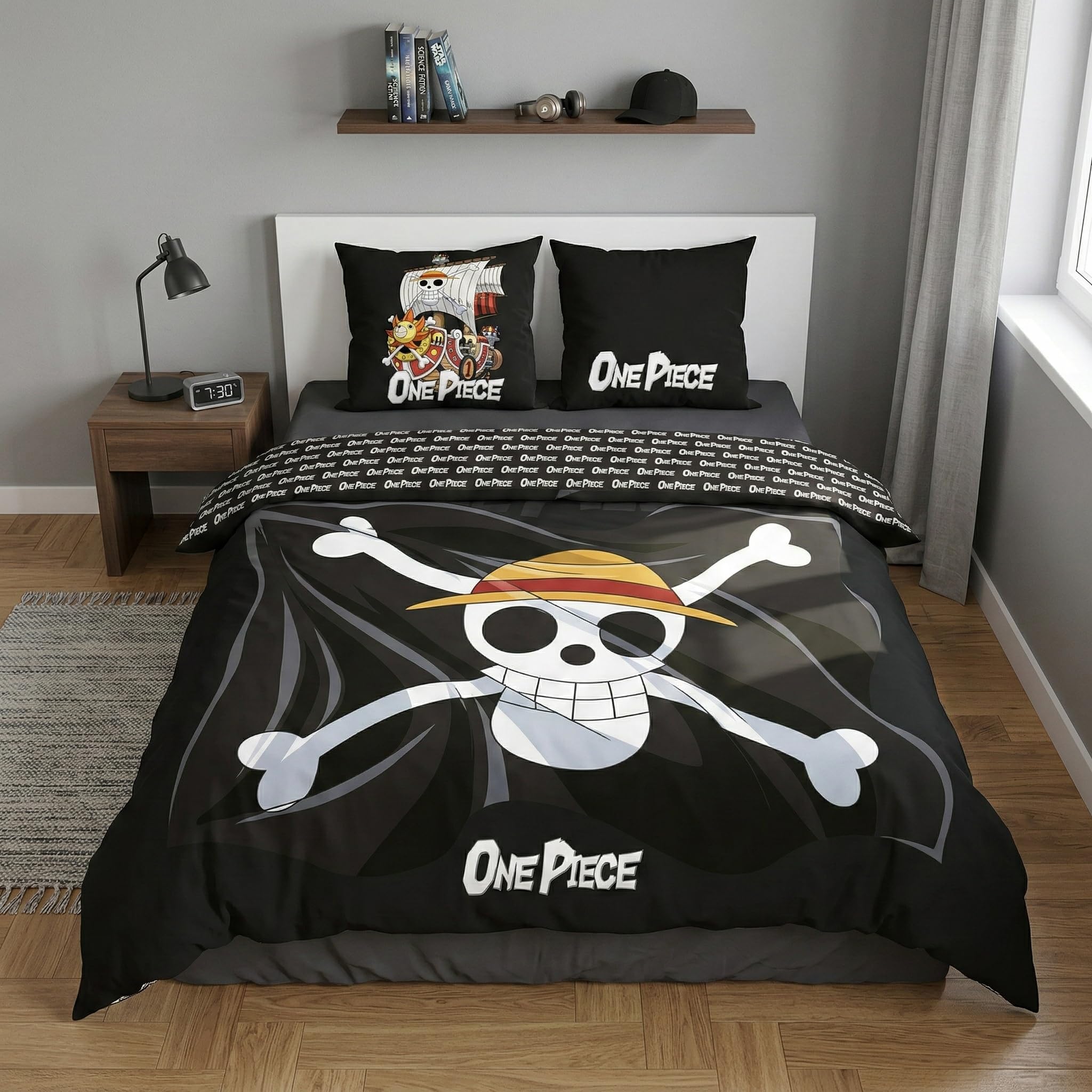 One Piece Jolly Roger Funda Nórdica Cama 150 240x220 + 2 Fundas Almohada | Ropa de cama 2 personas reversible | Polialgodón secado rápido | Thousand Sunny manga | Regalo adultos | Lavable a máquina
