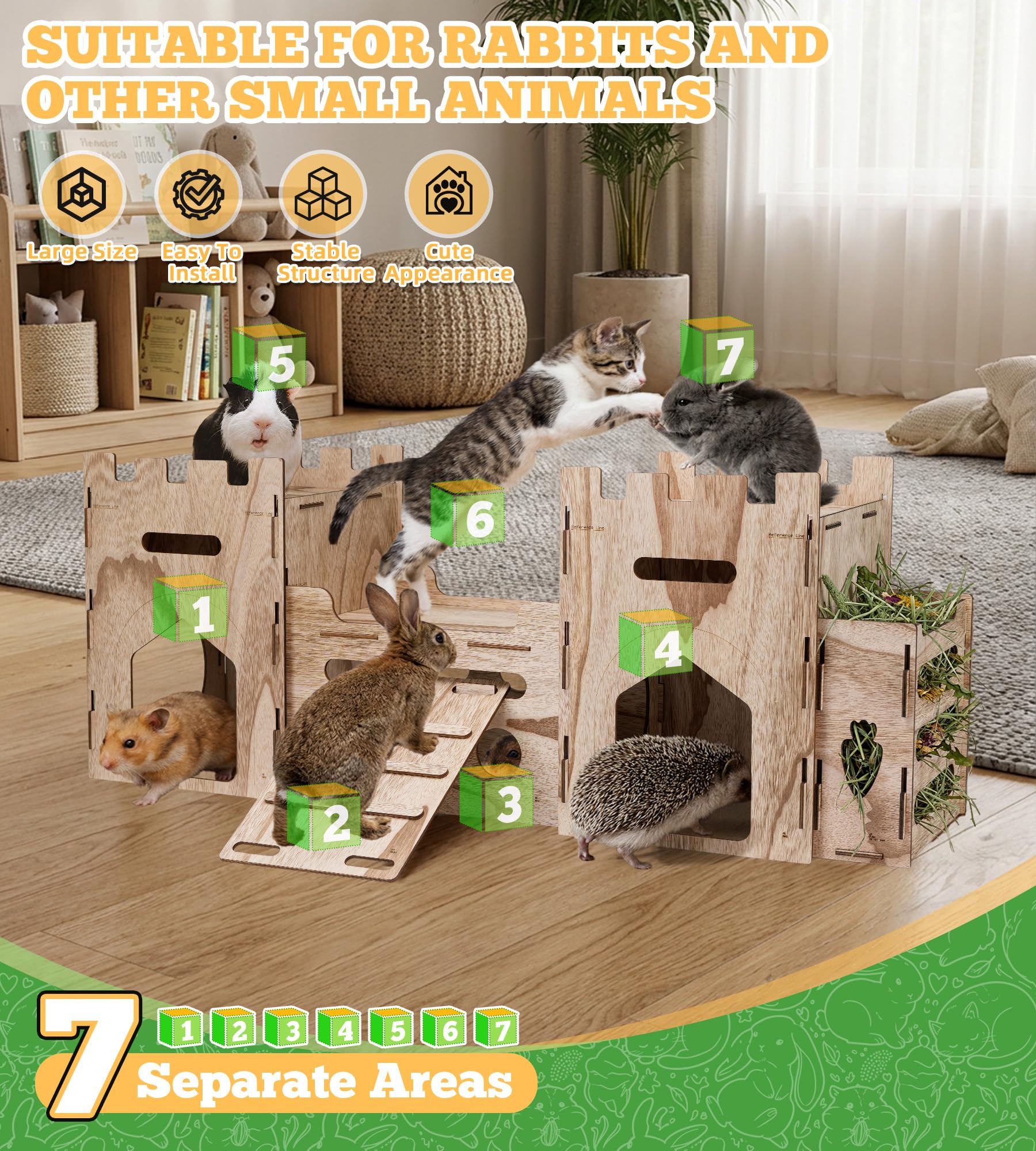 HIIMALEX Château de lapin extra large en bois à plusieurs étages, cachette ventilée robuste pour lapin, cochon d'Inde, chinchilla furet
