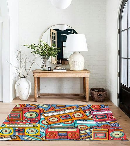 Alfombra de radio retro de los años 70, 80 y 90, estilo garabato, a la moda, 3 x 5, alfombra de entrada interior para puerta delantera, alfombra