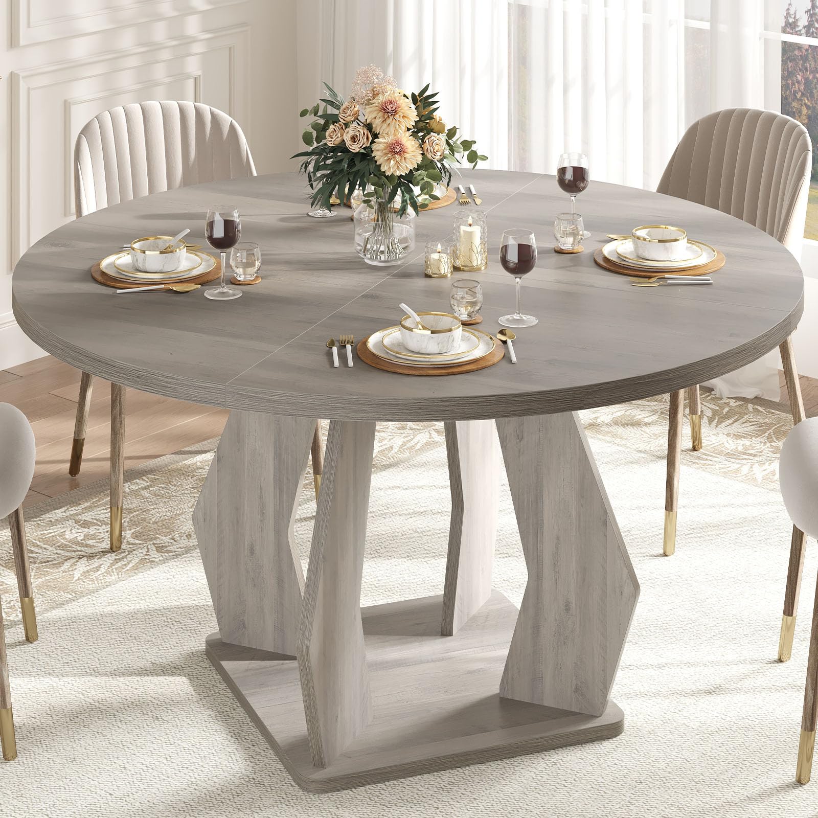 IBF Round Dining Table Farmhouse Pedestal Dining Tables for 4 to 6 Grey Dining Table for Kitchen and