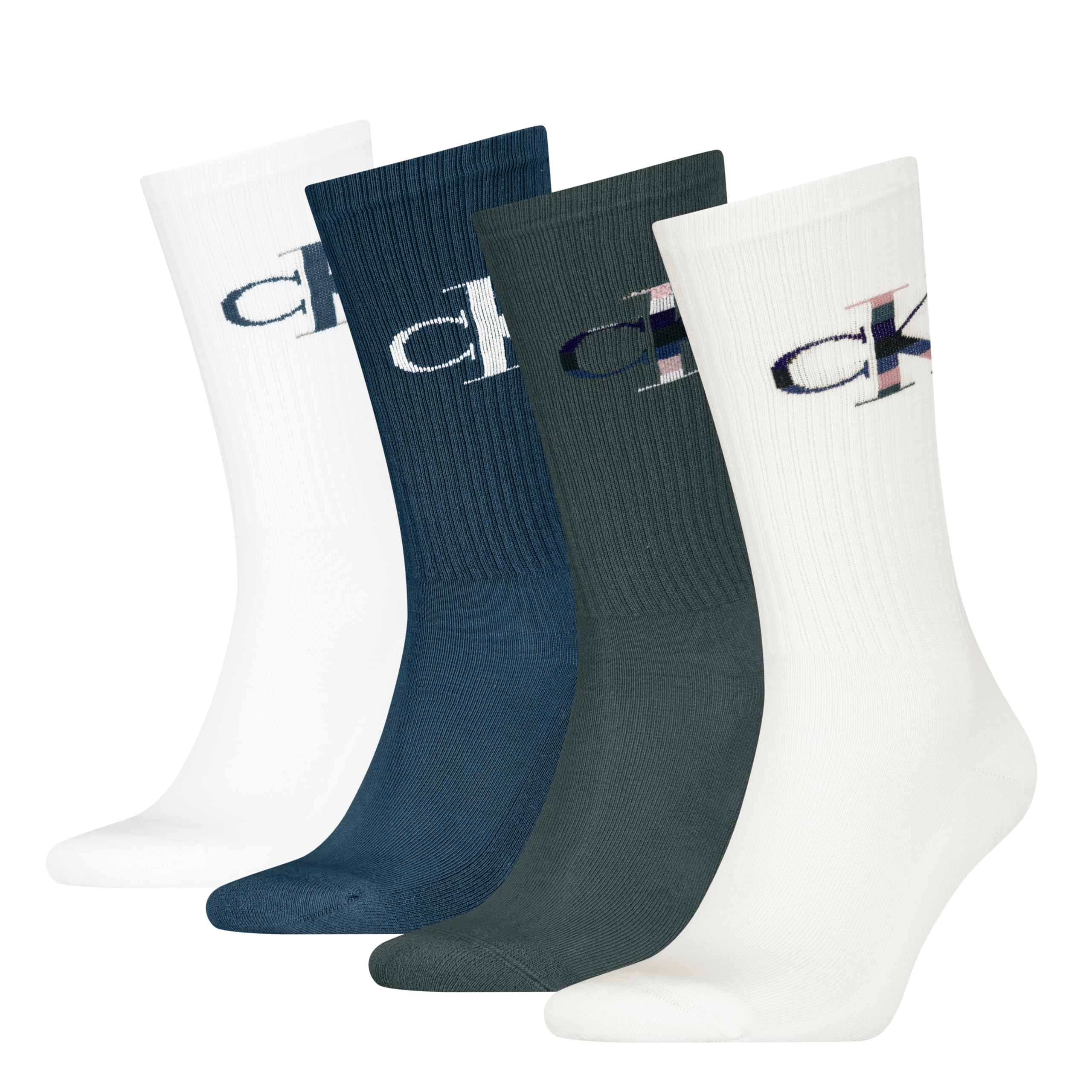 Calvin Klein 8719965009202 CKJ Men's Socks 4 Pairs Monogram Ecom, White/teal/blue, 39-42