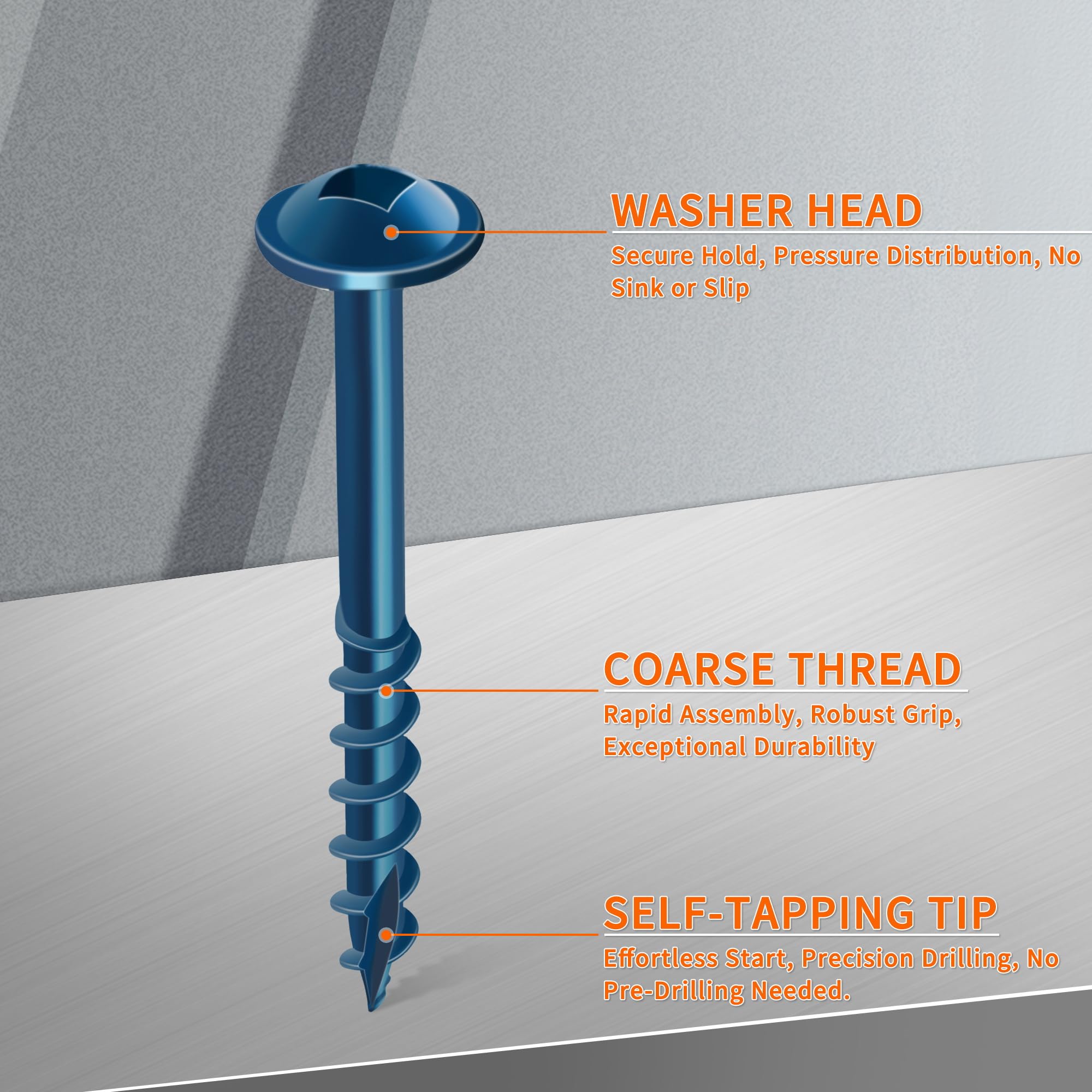 100 PCS No.8 x 38 mm Pocket Hole Screws, Blue Coated Hardened Steel, Washer Head, Square Drive, Coarse Self-Cutting Thread - Image 4