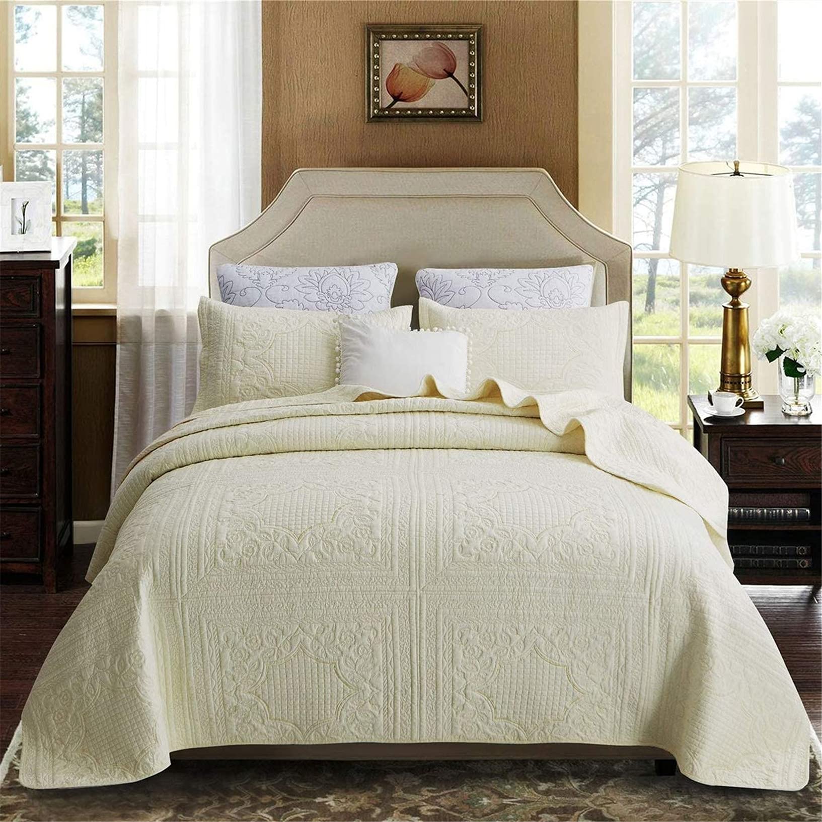 Couvre-lit matelassé en coton beige drap de lit double en jacquard toutes saisons