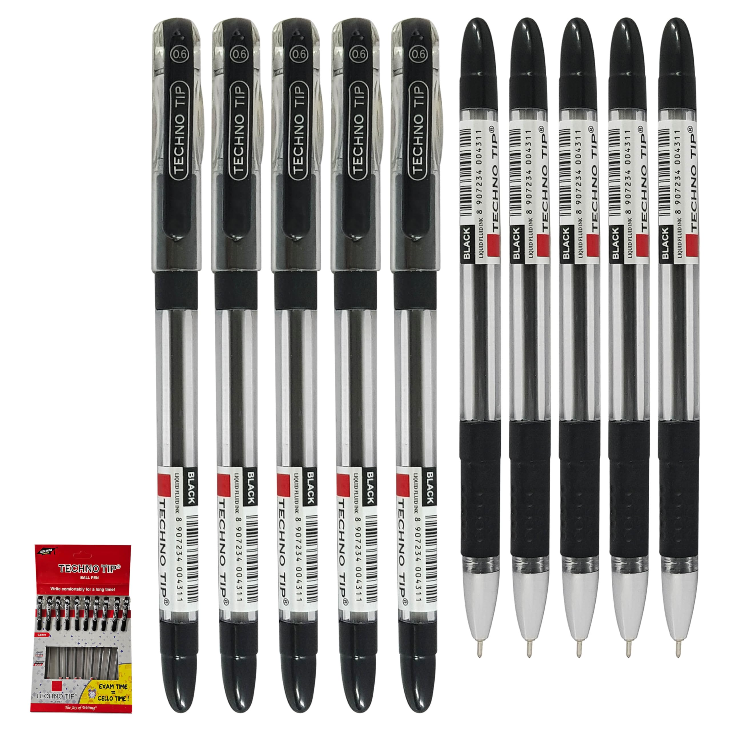TECHNOTIP Ballpoint Pens, BLACK, Fine Point (0.6mm), Pack of 10, Elasto Grip, Fine Writing Ball Pens, Perfect for School Office Home Use, iZOFAX Black Ball Pen