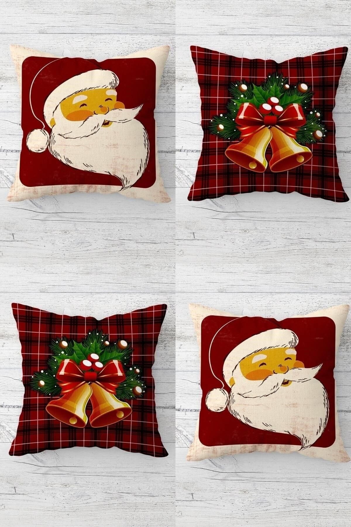 Pelangi Christmas Noel Baba Zil Temalı Gizli Fermuarlı Kırlent Kılıfı Koltuk Yastık Kılıfı Takım(4adet), Beyaz Siyah 43 x 43